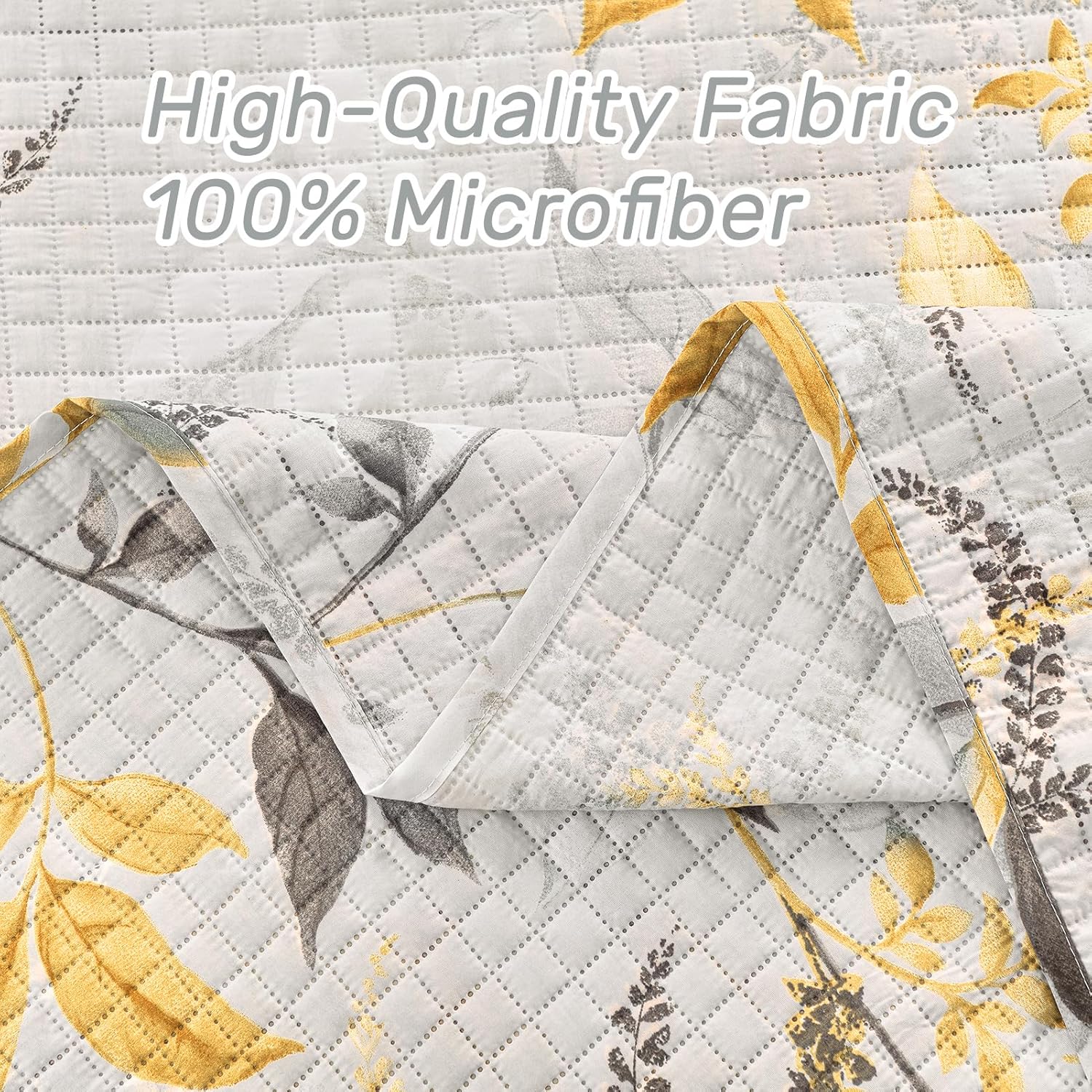 HollyHOME Full/Queen Quilt Set, 3 Pieces Quilt Set Full/Queen Size, Coverlet Yellow and Grey Leaf Printed Lightweight and Soft All Season Bedding Set with Quilt, Pillow Shams, Yellow Grey Leaf