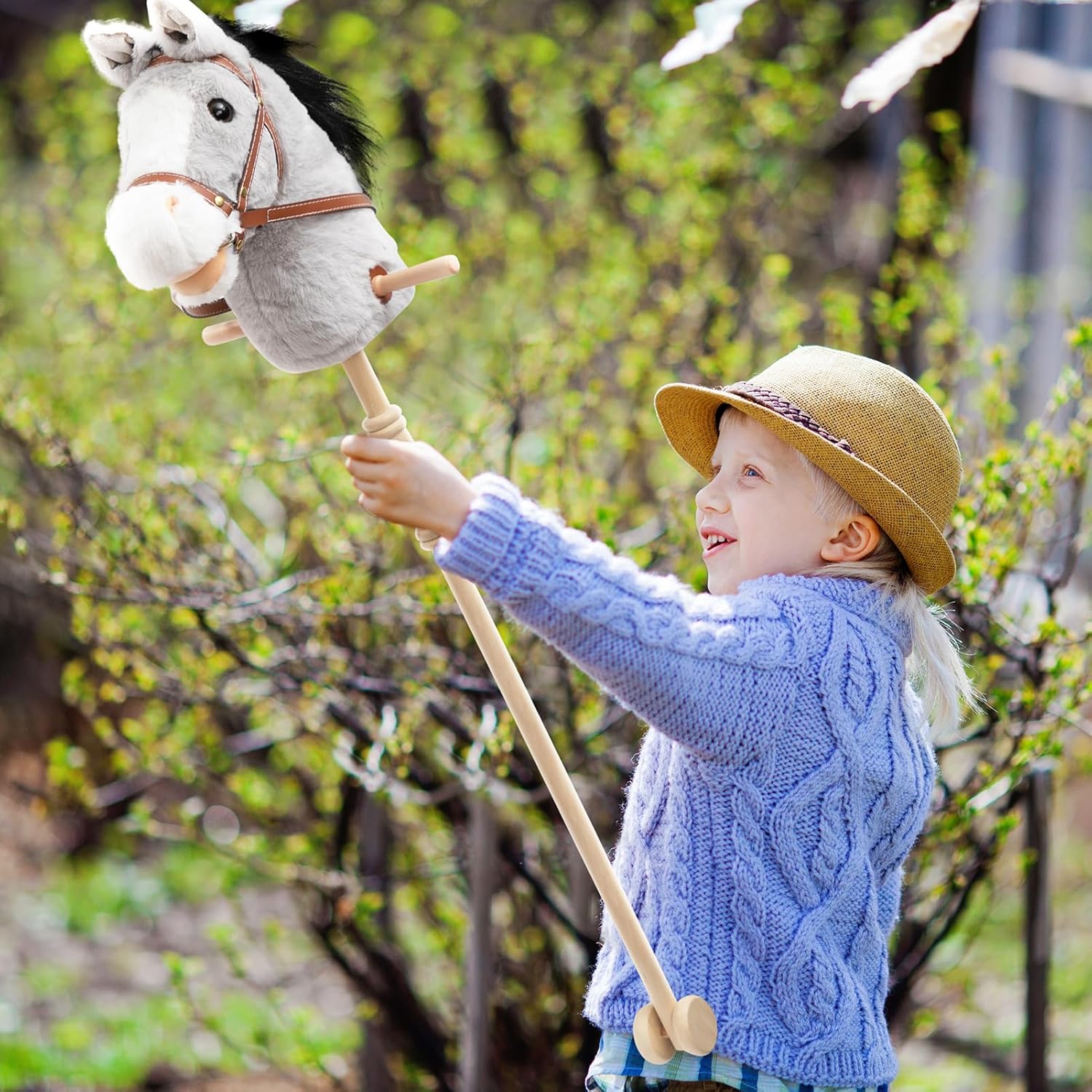 HollyHOME Stick Horse Plush Handcrafted Hobby Horse on a Stick with Wood Wheels Real Pony Neighing and Galloping Sounds for Kids Toddlers Beige 36 Inches(AA Batteries Required)