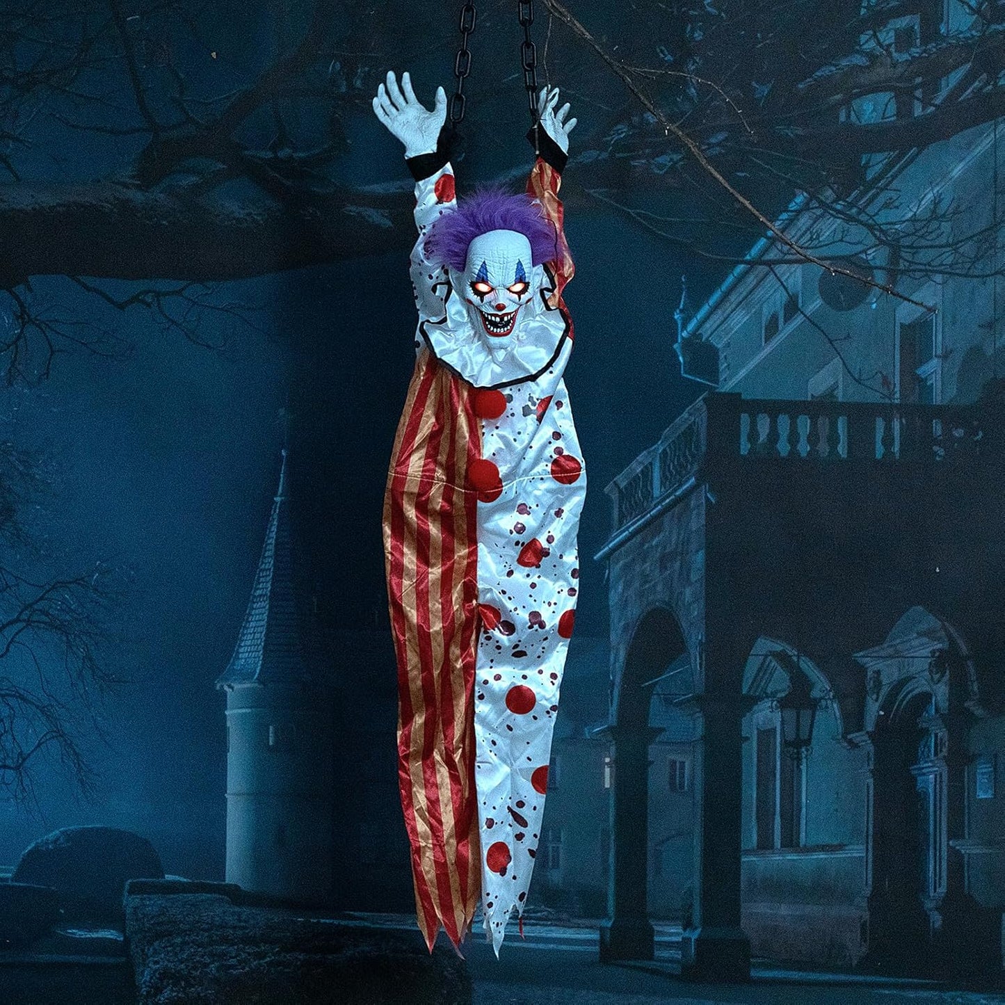 HollyHOME Halloween Animated Hanging Clown with Glowing Eyes Creepy Sound and Shaking Body Halloween Decorations Outdoor Scary Haunted House Outdoor Prop Decor 60'' Red