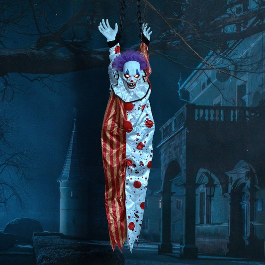 HollyHOME Halloween Animated Hanging Clown with Glowing Eyes Creepy Sound and Shaking Body Halloween Decorations Outdoor Scary Haunted House Outdoor Prop Decor 60'' Red