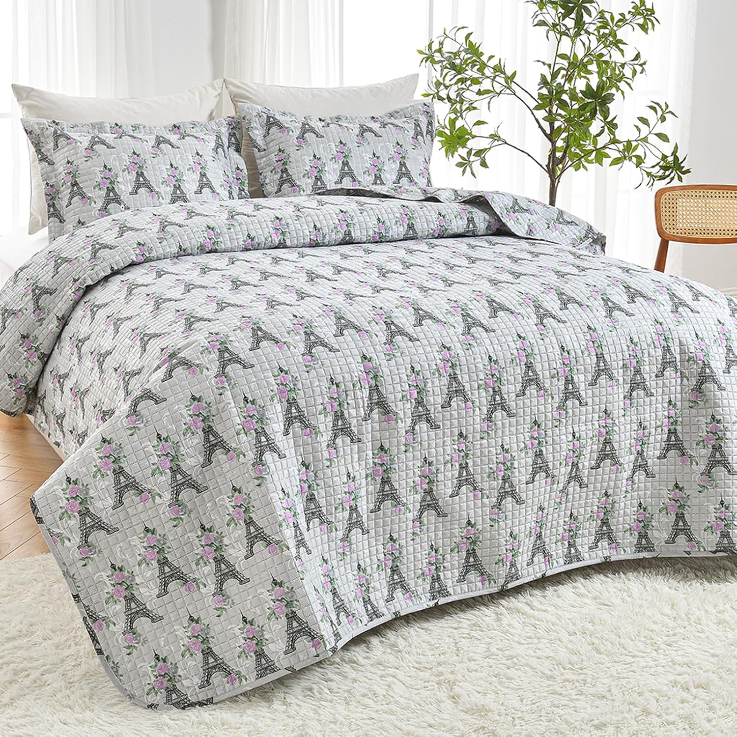 HollyHOME Full/Queen Quilt Set, 3 Pieces Quilt Set Full/Queen Size, Coverlet Yellow and Grey Leaf Printed Lightweight and Soft All Season Bedding Set with Quilt, Pillow Shams, Yellow Grey Leaf