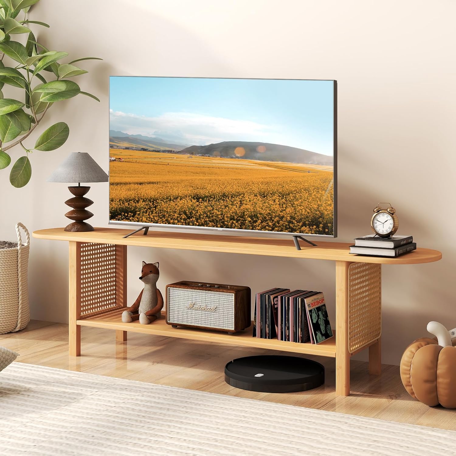 HollyHOME Bamboo TV Stand with Storage (Rattan Side)