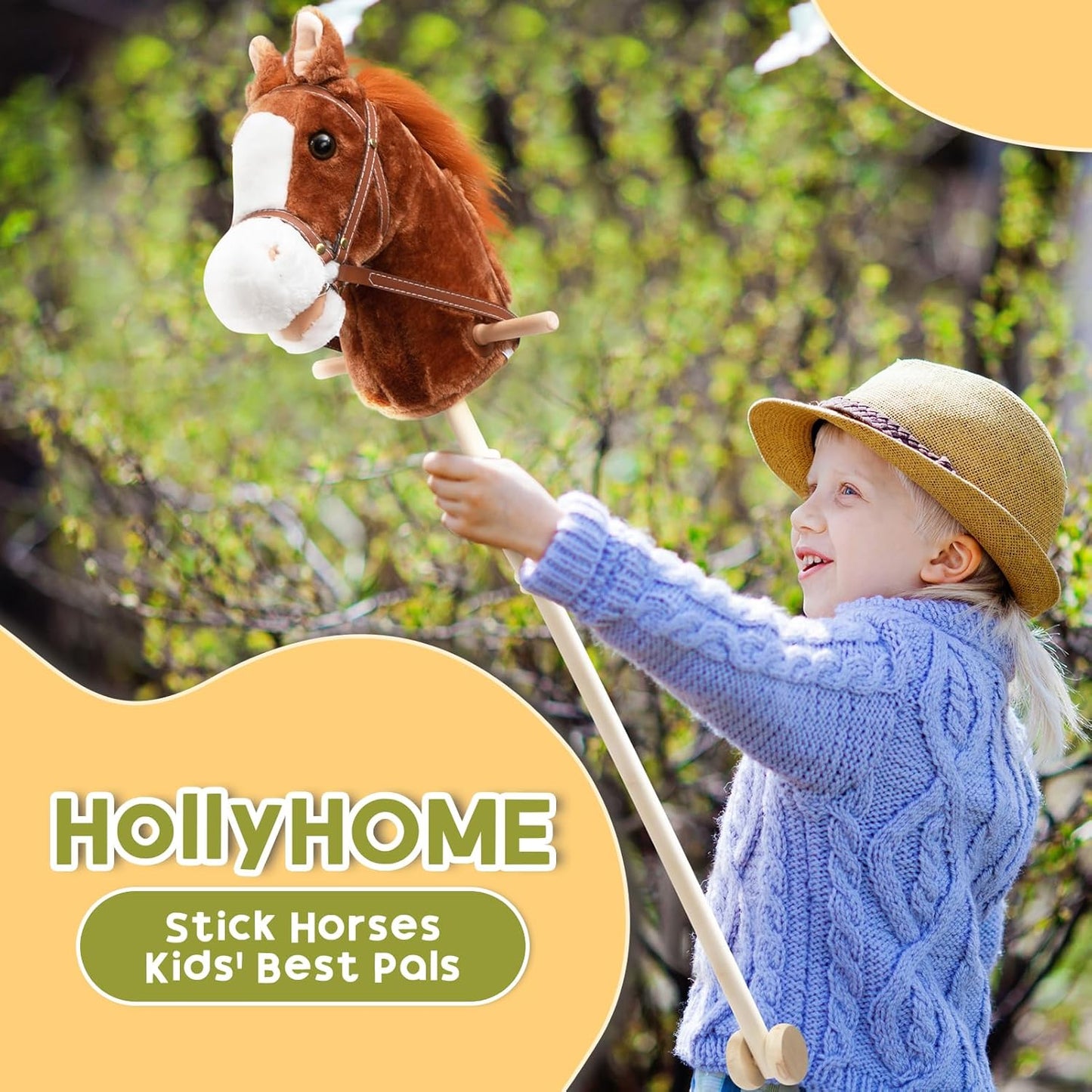 HollyHOME Stick Horse Plush Handcrafted Hobby Horse on a Stick with Wood Wheels Real Pony Neighing and Galloping Sounds for Kids Toddlers Dark Brown 36 Inches(AA Batteries Required)