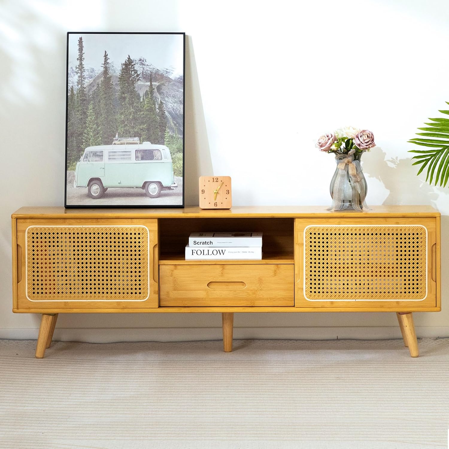 HollyHOME Bamboo TV Stand(Rattan and Drawer)