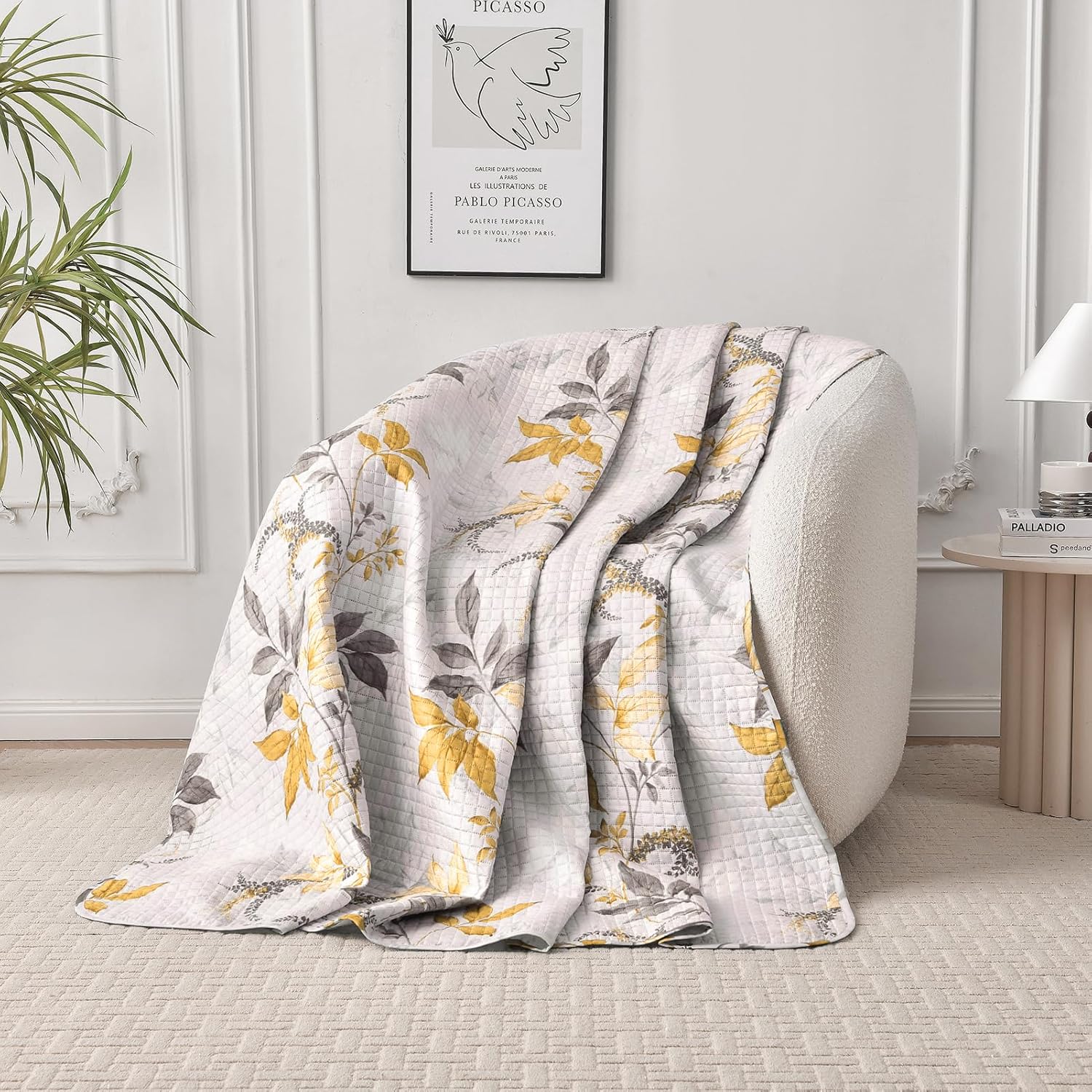 HollyHOME Full/Queen Quilt Set, 3 Pieces Quilt Set Full/Queen Size, Coverlet Yellow and Grey Leaf Printed Lightweight and Soft All Season Bedding Set with Quilt, Pillow Shams, Yellow Grey Leaf