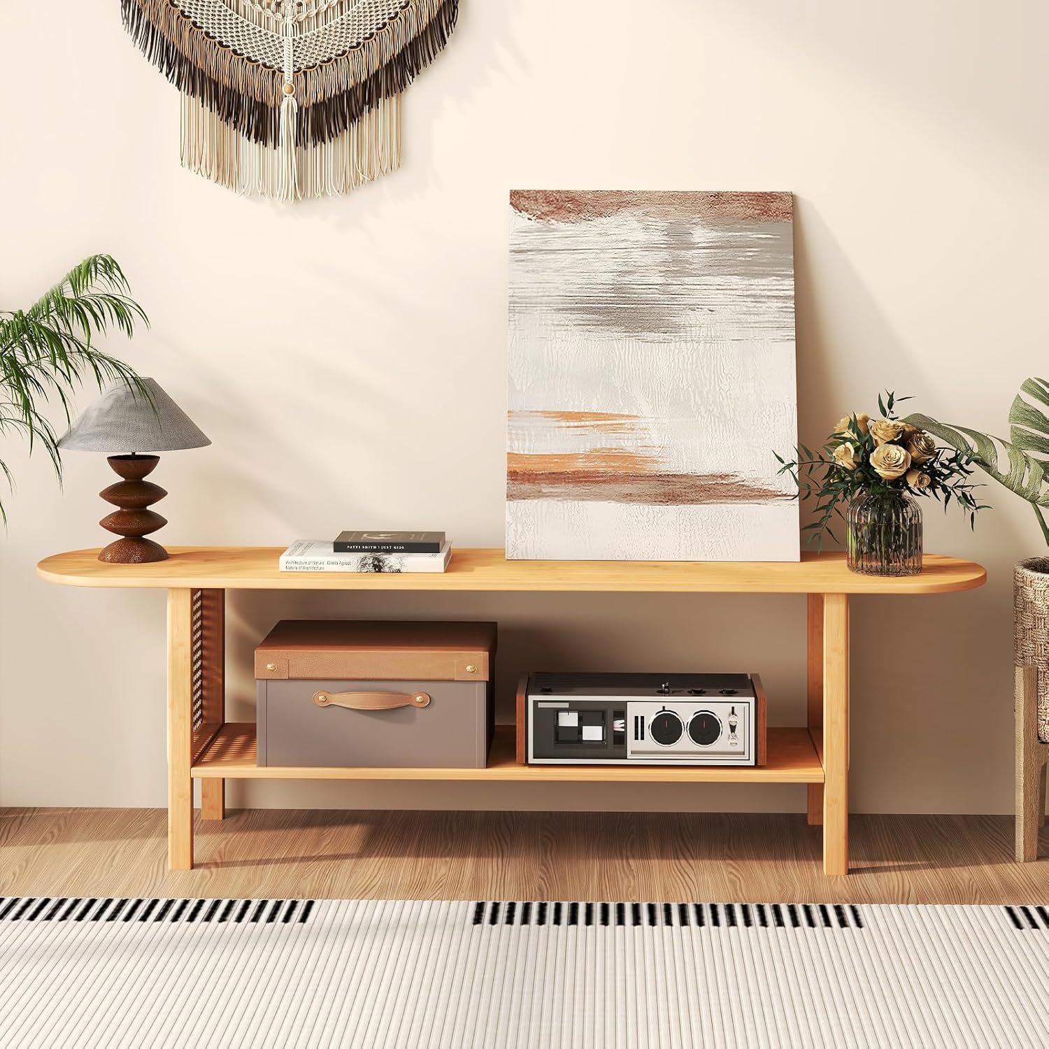 HollyHOME Bamboo TV Stand with Storage (Rattan Side)