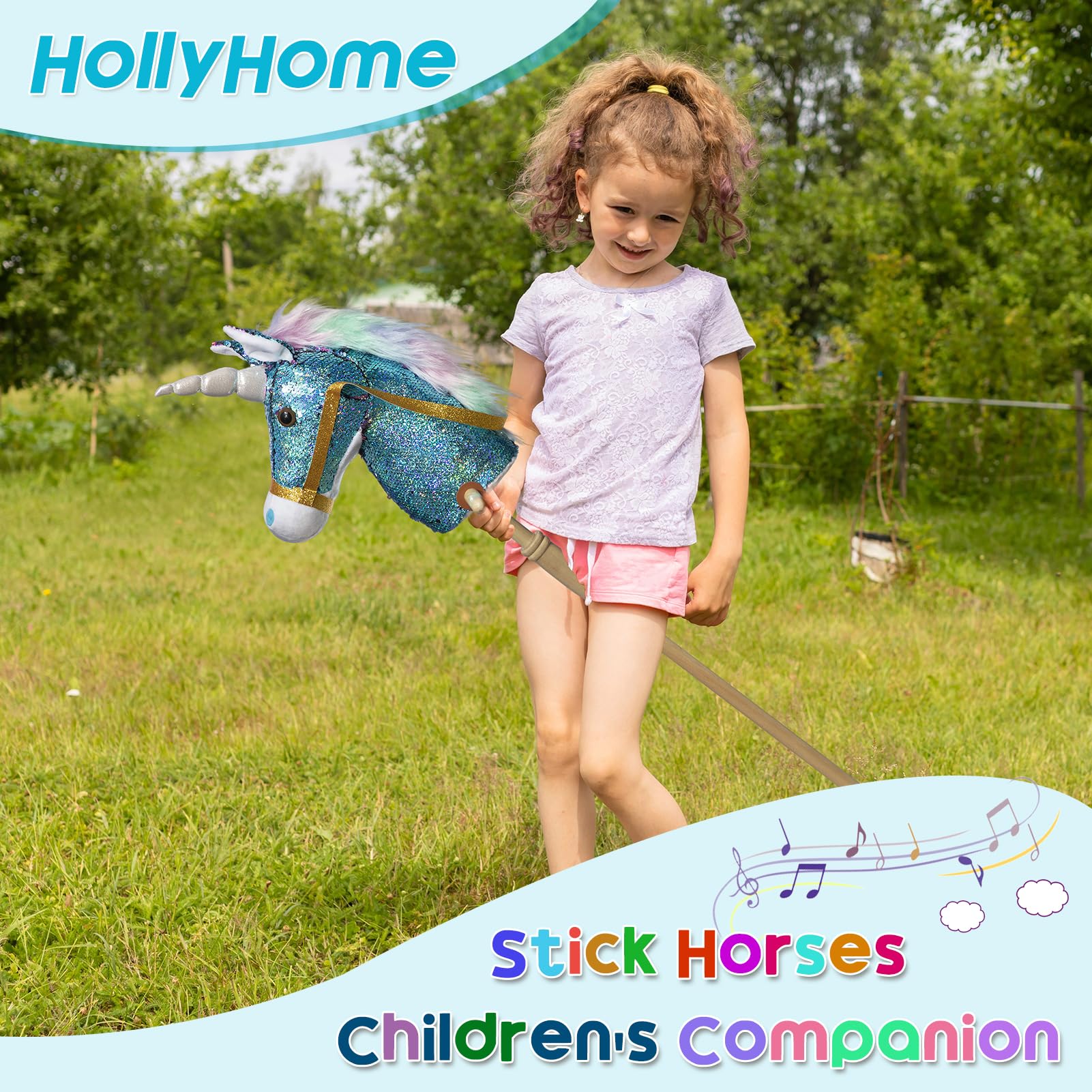HollyHOME Unicorn Stick Horse with Wood Wheels Real Pony Neighing and Galloping Sounds Plush Unicorn Toy Pink with Rainbow Mane 36 Inches(AA Batteries Required)