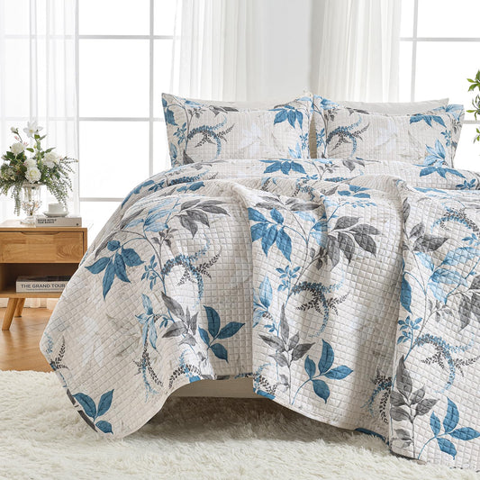 HollyHOME 3 Pieces King Size Quilt Sets with Teal and Gray Leaves Design Bedspread Bed Cover, Includes 1 Quilt, 2 Pillow Shams (King, 102"x96")