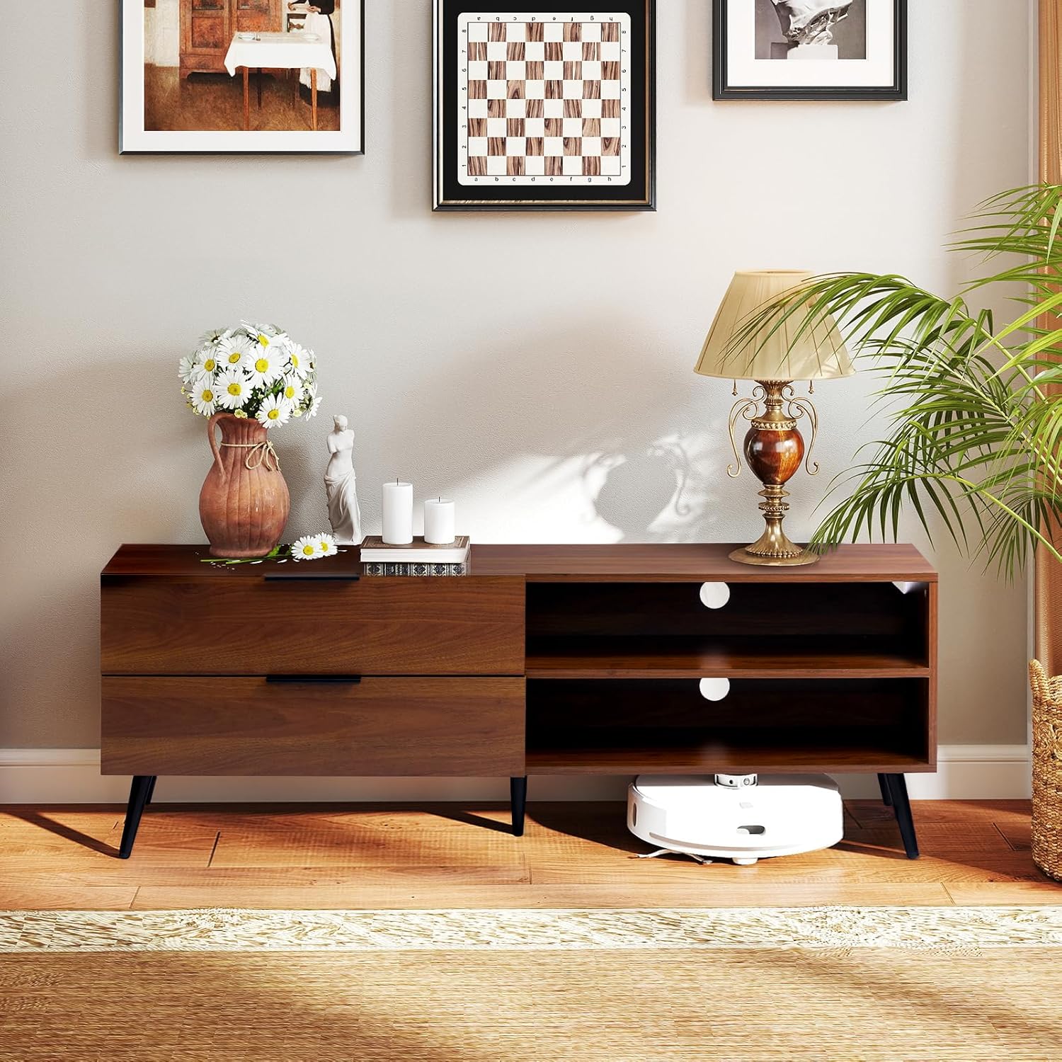HollyHOME 53"(L) Retro Brown Wood TV Stand(with 2 Drawers）
