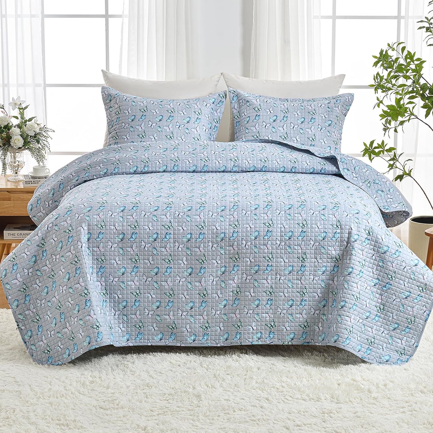 HollyHOME 3 Pieces King Size Quilt Sets with Teal and Gray Leaves Design Bedspread Bed Cover, Includes 1 Quilt, 2 Pillow Shams (King, 102"x96")