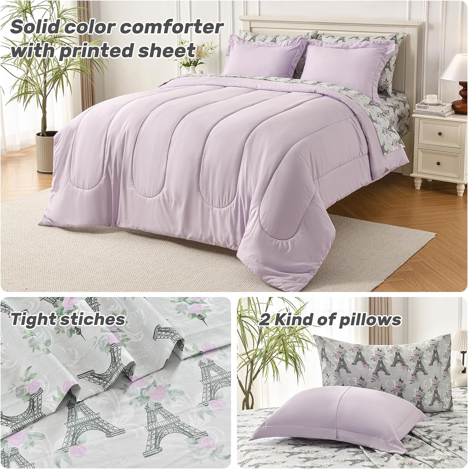 HollyHOME Queen Comforter Set, 7 Pieces Bedding Set, Purple Comforter Set with Eiffel Tower Floral Sheet Set, Queen Size Bed in a Bag for All Season, Light Purple