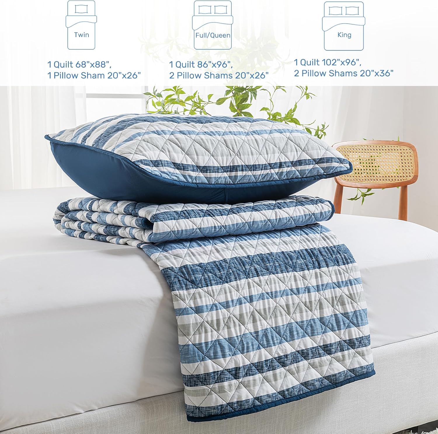 HollyHOME 3 Pieces Reversible Quilt Set, Blue Stripes Design Microfiber Bedspread Bed Cover for All Season, Includes 1 Quilt, 2 Pillow Shams (King, 102"x96")