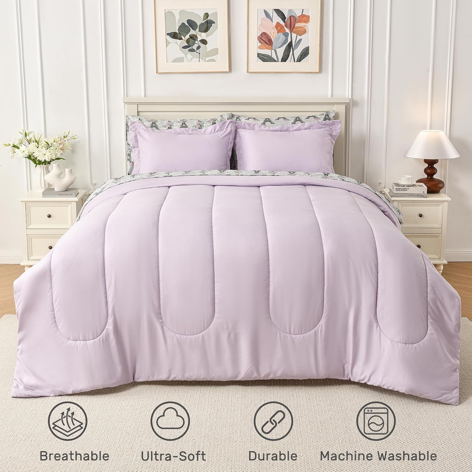 HollyHOME Queen Comforter Set, 7 Pieces Bedding Set, Purple Comforter Set with Eiffel Tower Floral Sheet Set, Queen Size Bed in a Bag for All Season, Light Purple