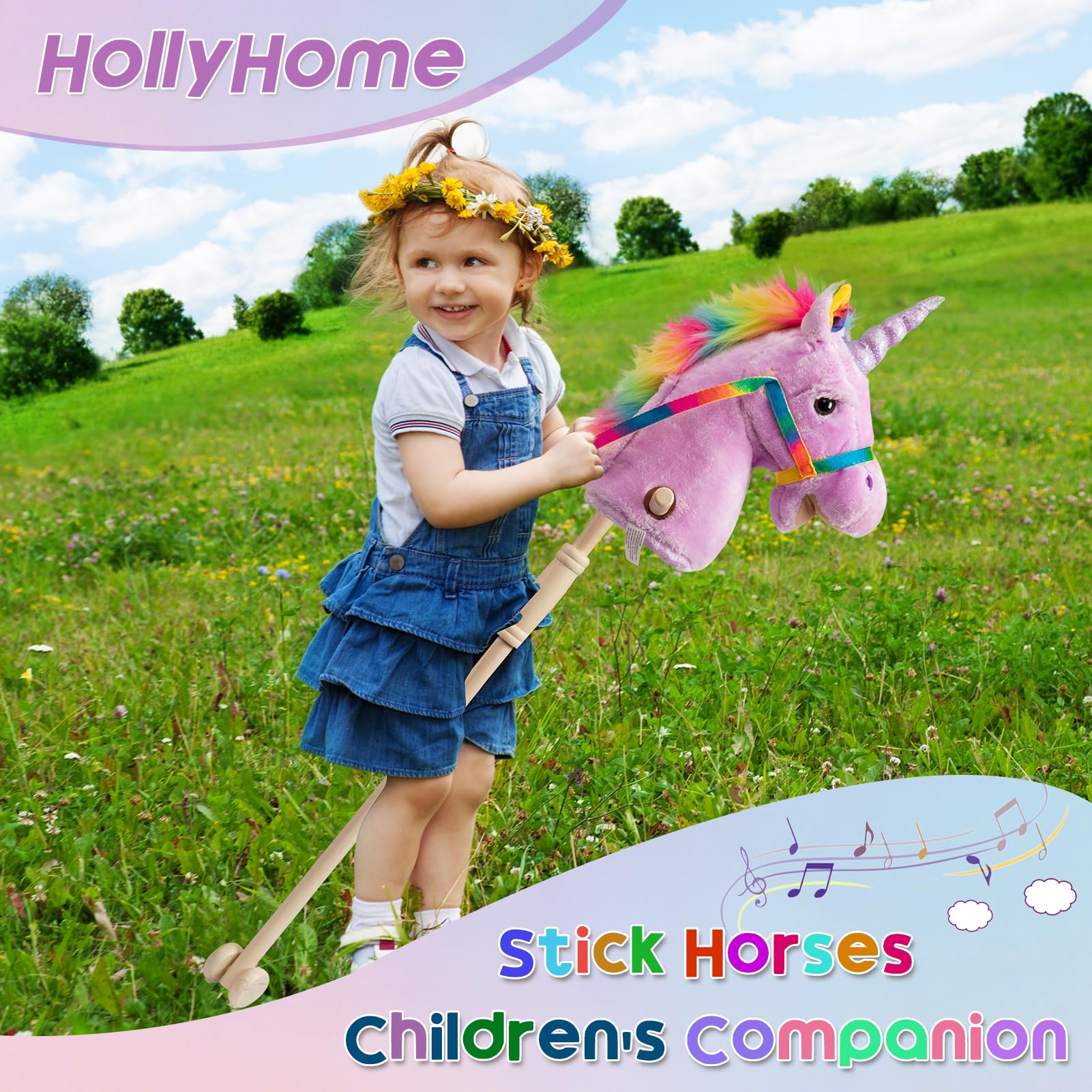 HollyHOME Unicorn Stick Horse with Wood Wheels Real Pony Neighing and Galloping Sounds Plush Unicorn Toy Pink with Rainbow Mane 36 Inches(AA Batteries Required)