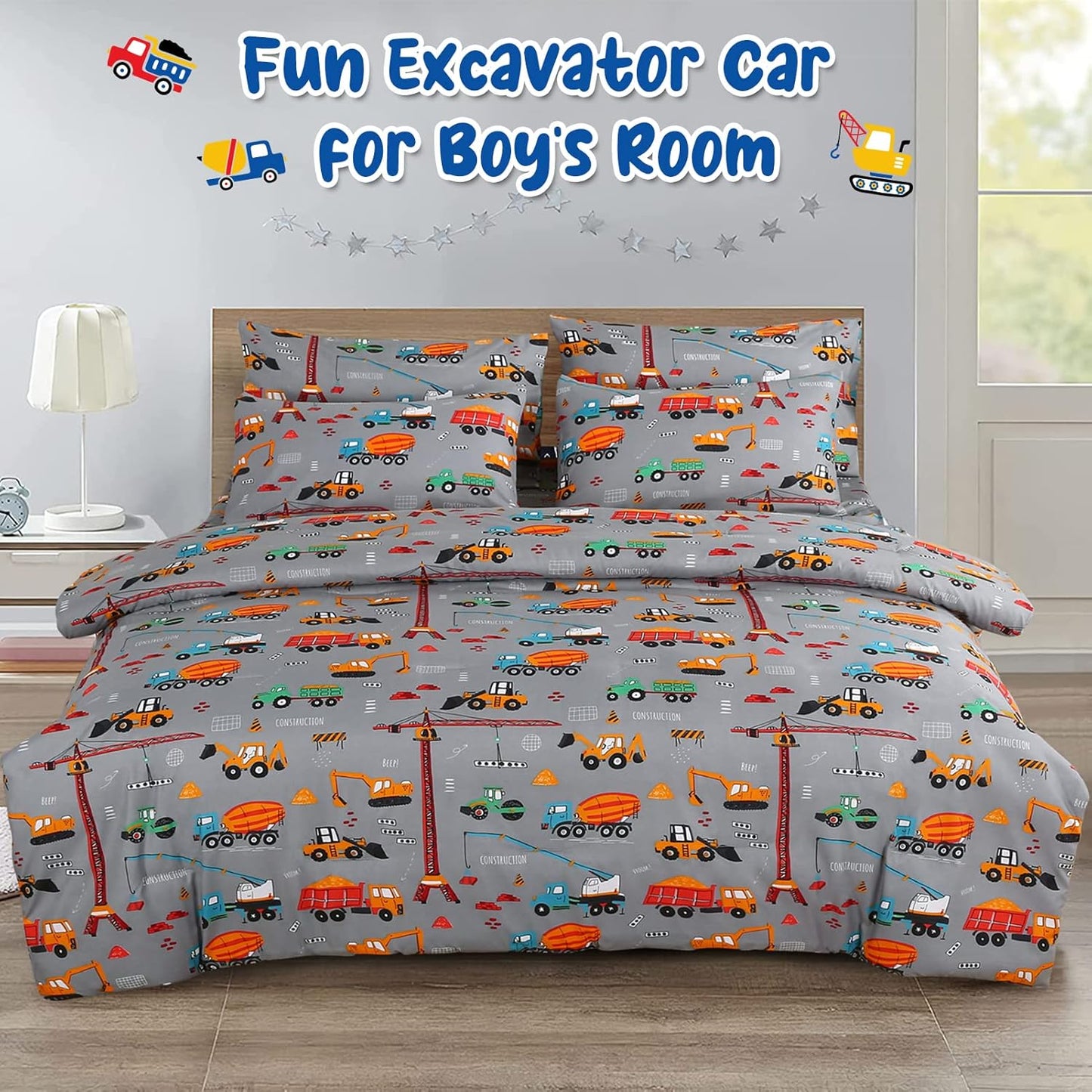 HollyHOME 5Pcs Car Bed in A Bag Truck Tractor Excavator Under Construction Vehicle Print Comforter Set, Soft Microfiber Bedding All Season Room Decor for Adult Teens Boys, Twin, Grey