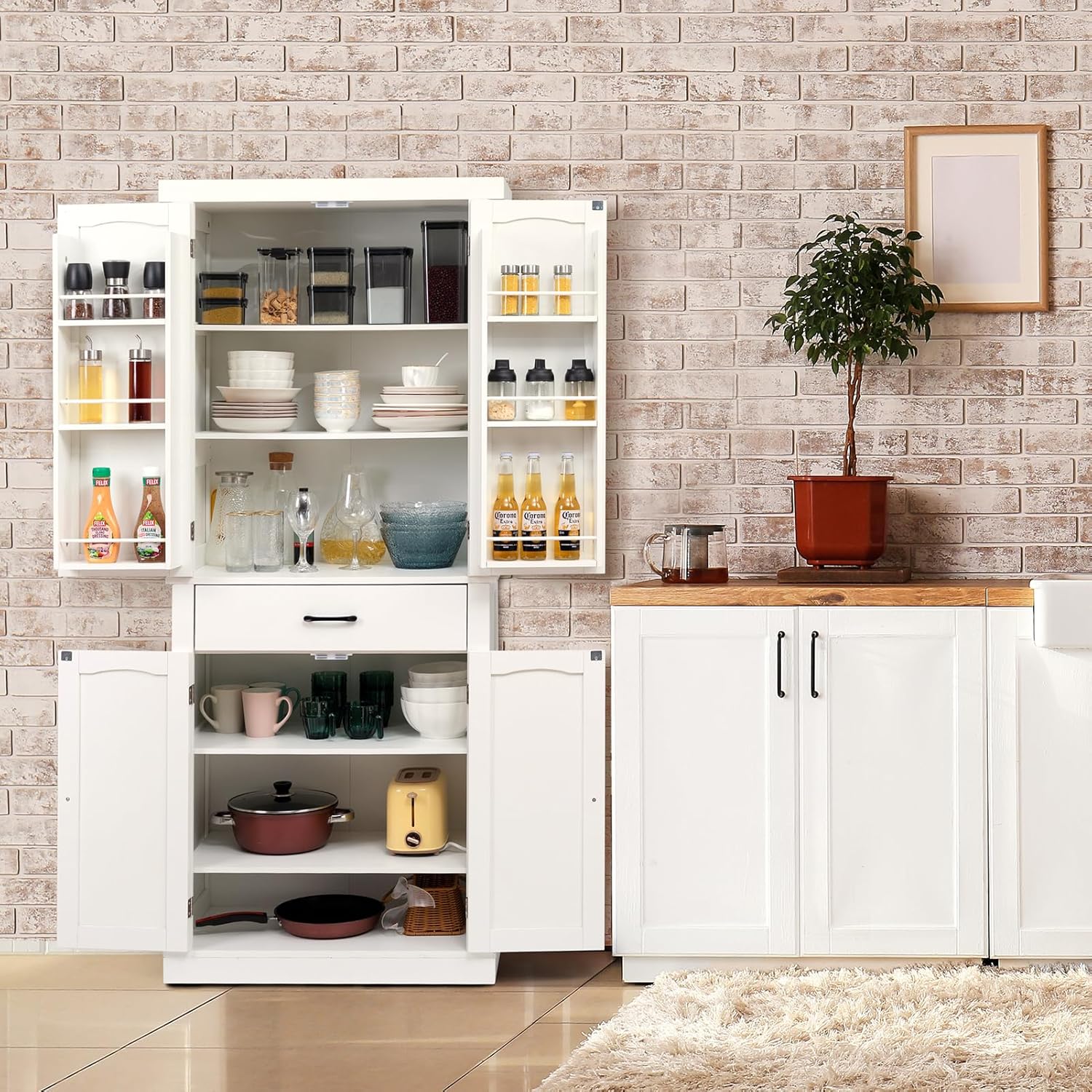 HollyHOME Kitchen Pantry Cabinet White（4-Door）