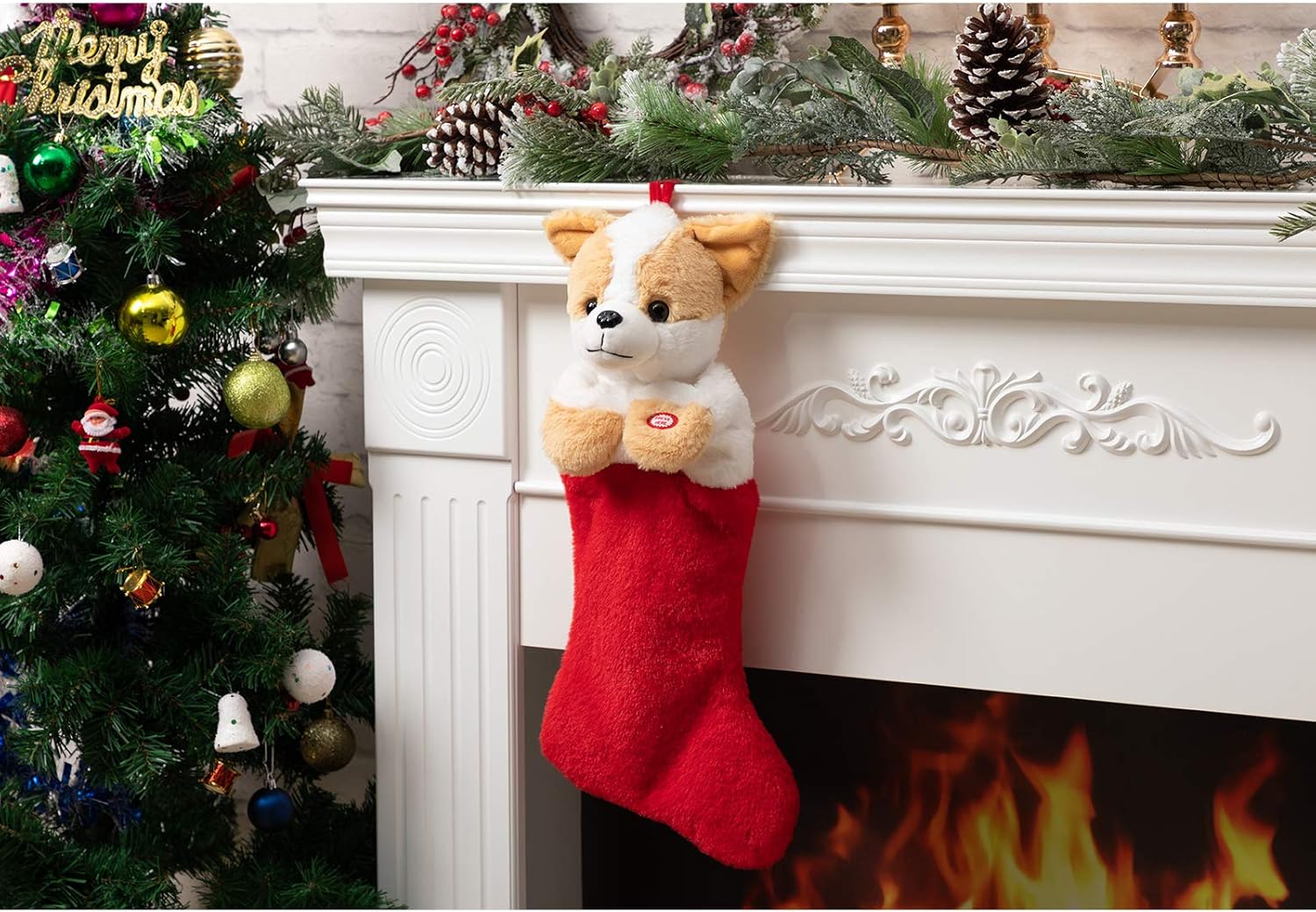 HollyHOME Christmas Stockings Animated Corgi Puppy Head Stockings with Music and Flapping Ears Hanging Xmas Decoration Socks Ornament 19 Inch