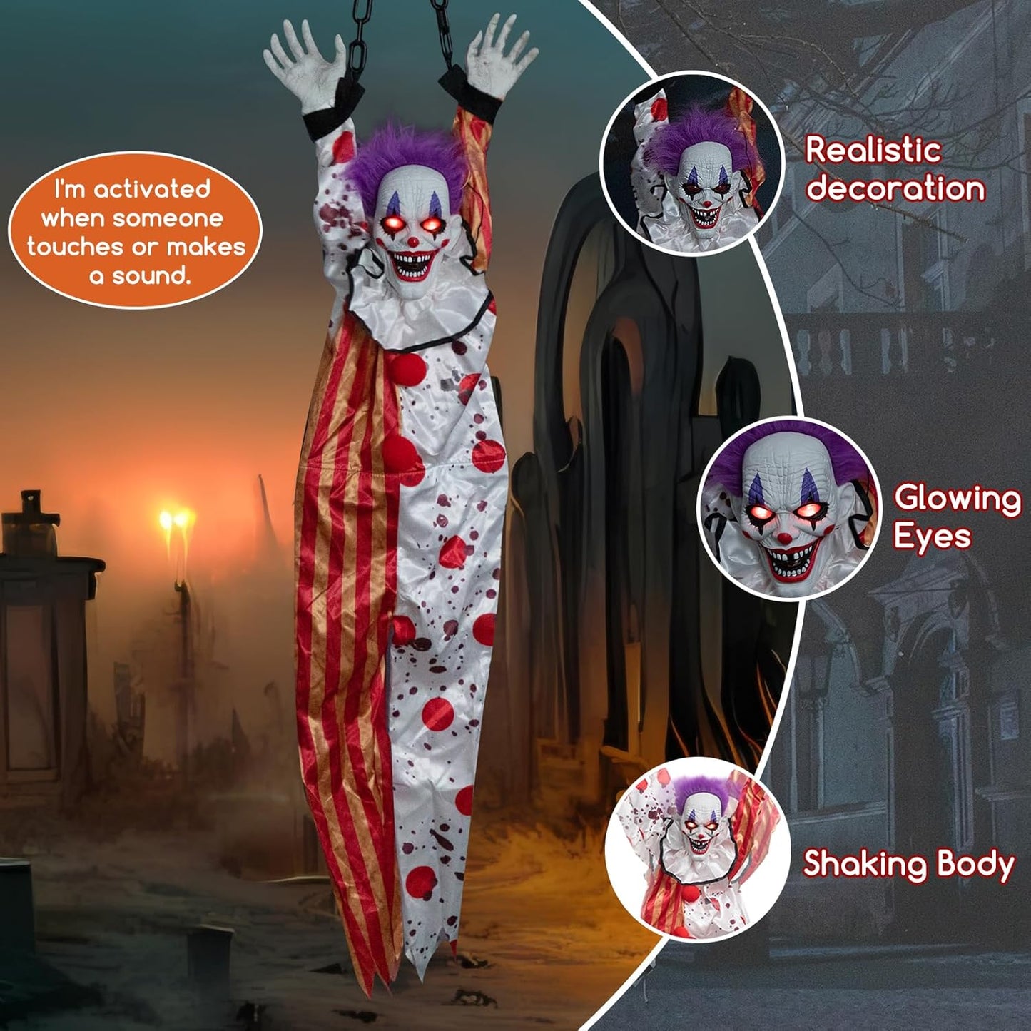 HollyHOME Halloween Animated Hanging Clown with Glowing Eyes Creepy Sound and Shaking Body Halloween Decorations Outdoor Scary Haunted House Outdoor Prop Decor 60'' Red