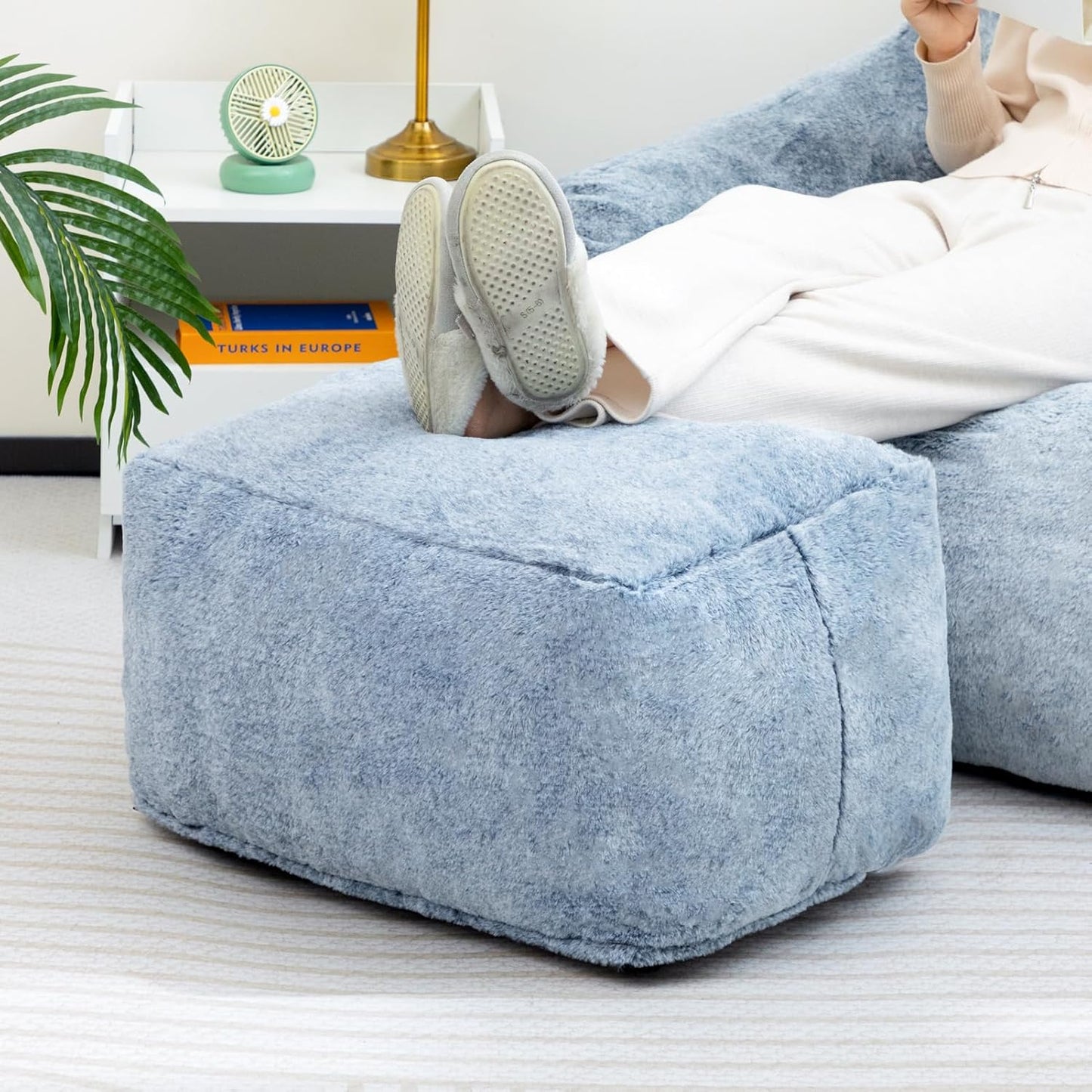 HollyHOME 15"(H) Bean Bag Ottoman Pouf, 6.6LB Memory Foam Filled Footstool for Sofa, Accent Stuffed Footrest Stool with Washable Cover, Single Footrest Stool for Living Room, Bedroom, Blue&Grey