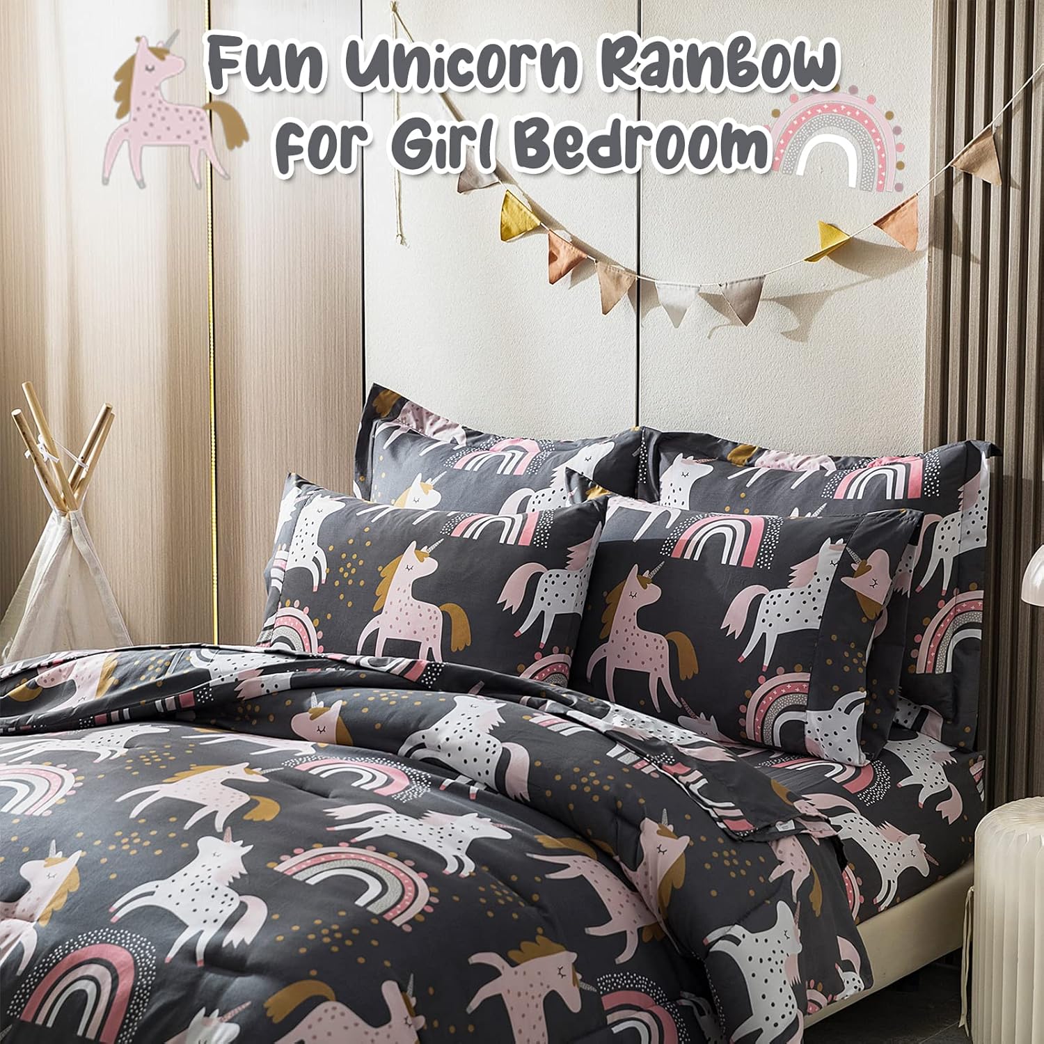 HollyHOME Unicorn and Rainbow Soft Microfiber Comforter Set for Teens and Girls, 5-Piece Bed in A Bag Bedding Set, Twin Size