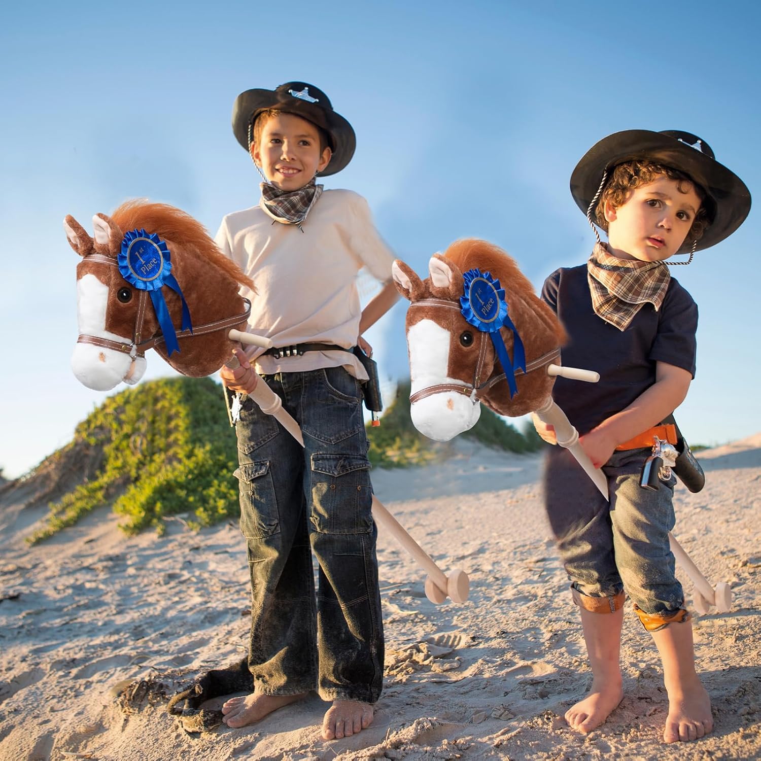 HollyHOME Stick Horse Plush with Detachable Blue Ribbon Champion Hobby Horse on Stick with Wood Wheels Real Pony Neighing and Galloping Sounds for Kids Toddlers Brown 36 Inches(AA Batteries Required)