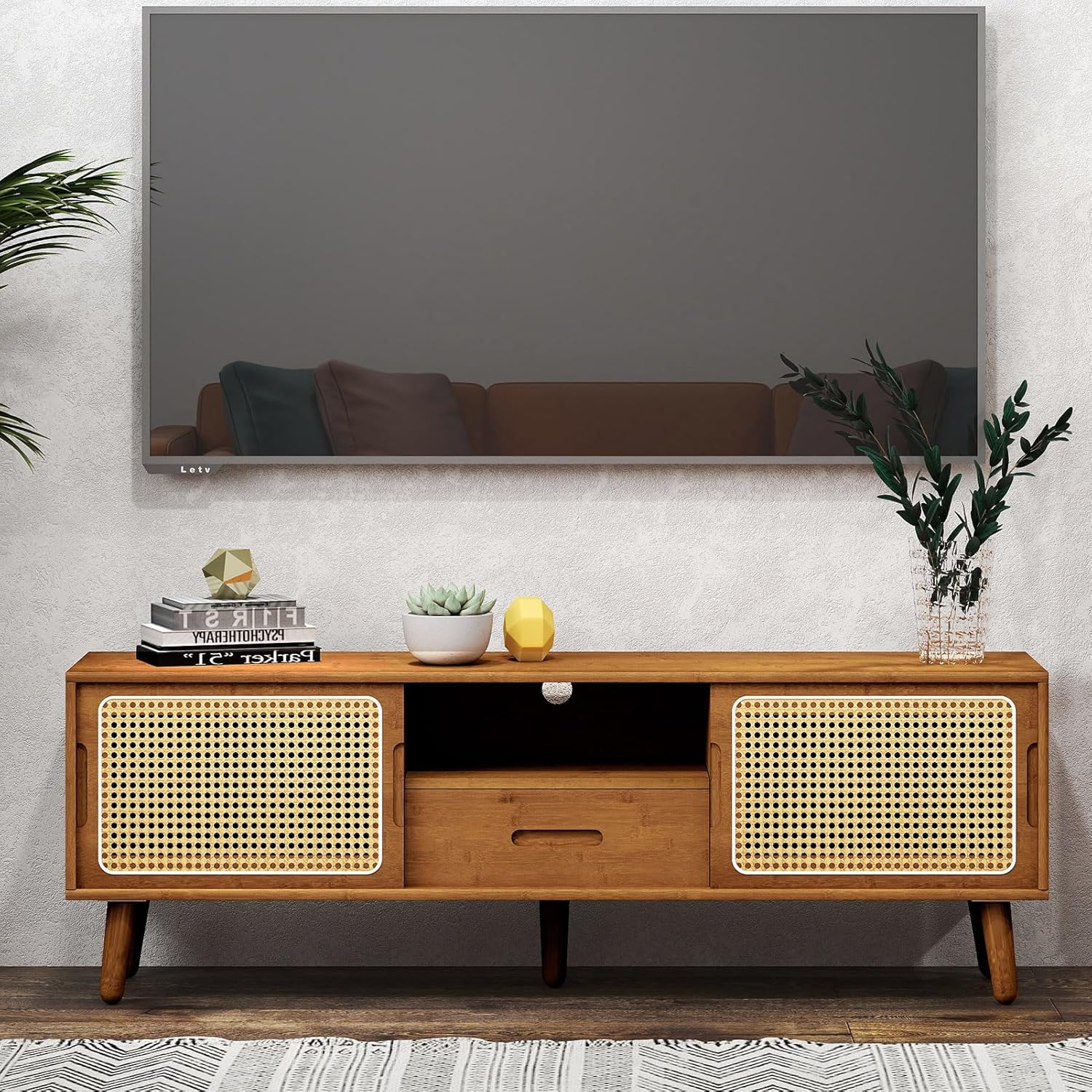 HollyHOME Bamboo TV Stand(Walnut Rattan and Drawer)