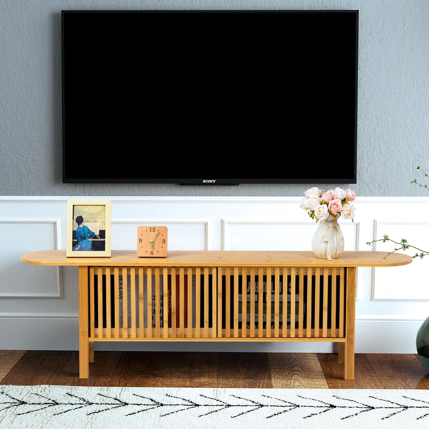 HollyHOME Bamboo TV Stand (with Fence Door)