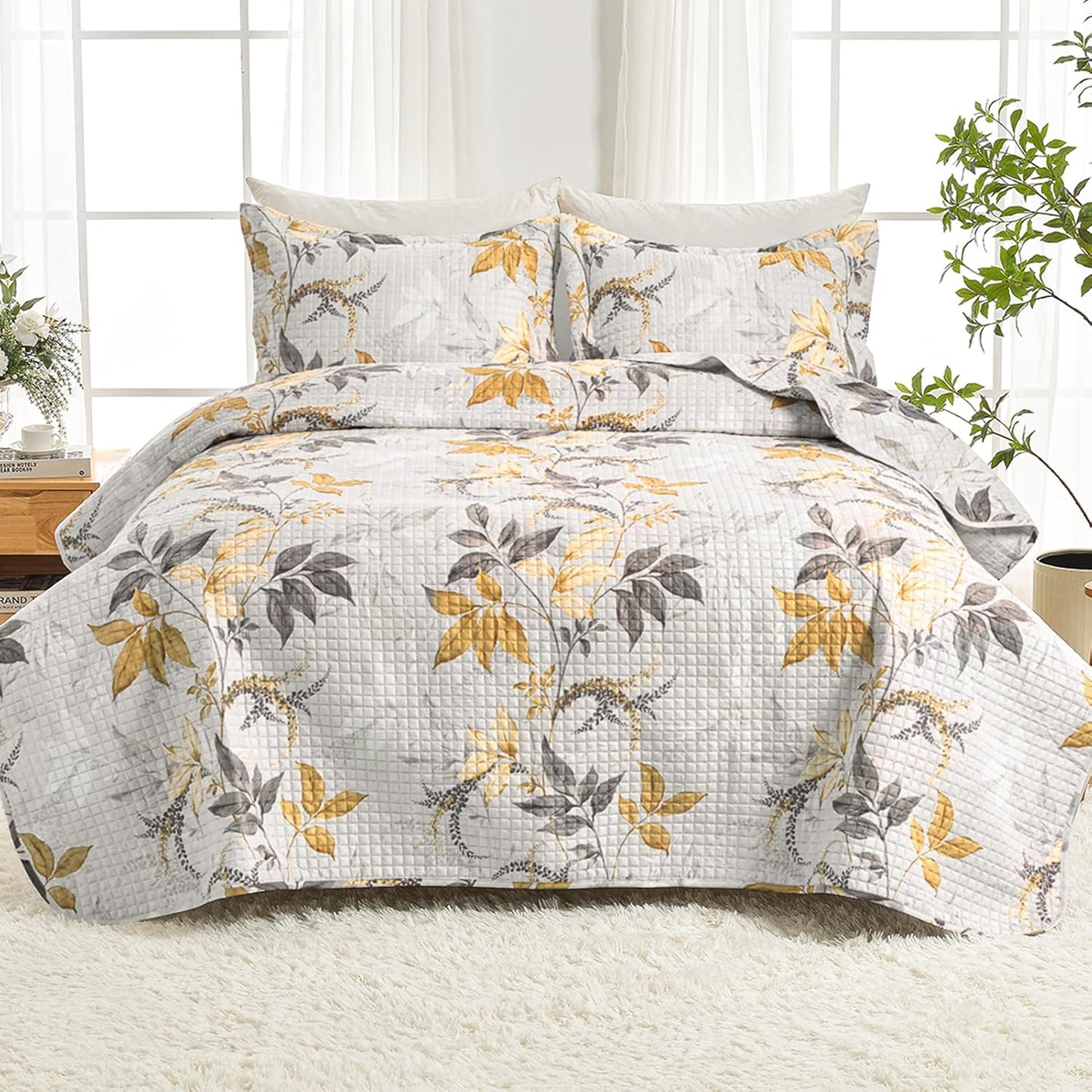 HollyHOME 3 Pieces King Size Quilt Sets with Teal and Gray Leaves Design Bedspread Bed Cover, Includes 1 Quilt, 2 Pillow Shams (King, 102"x96")