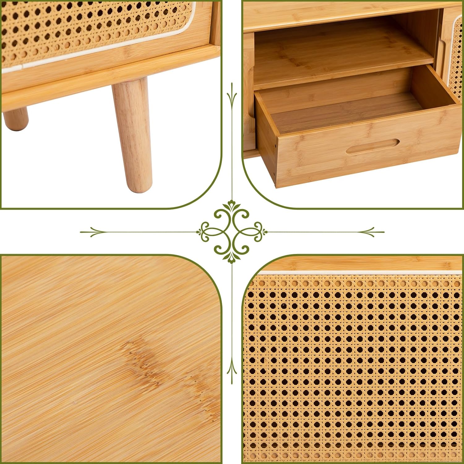 HollyHOME Bamboo TV Stand(Rattan and Drawer)