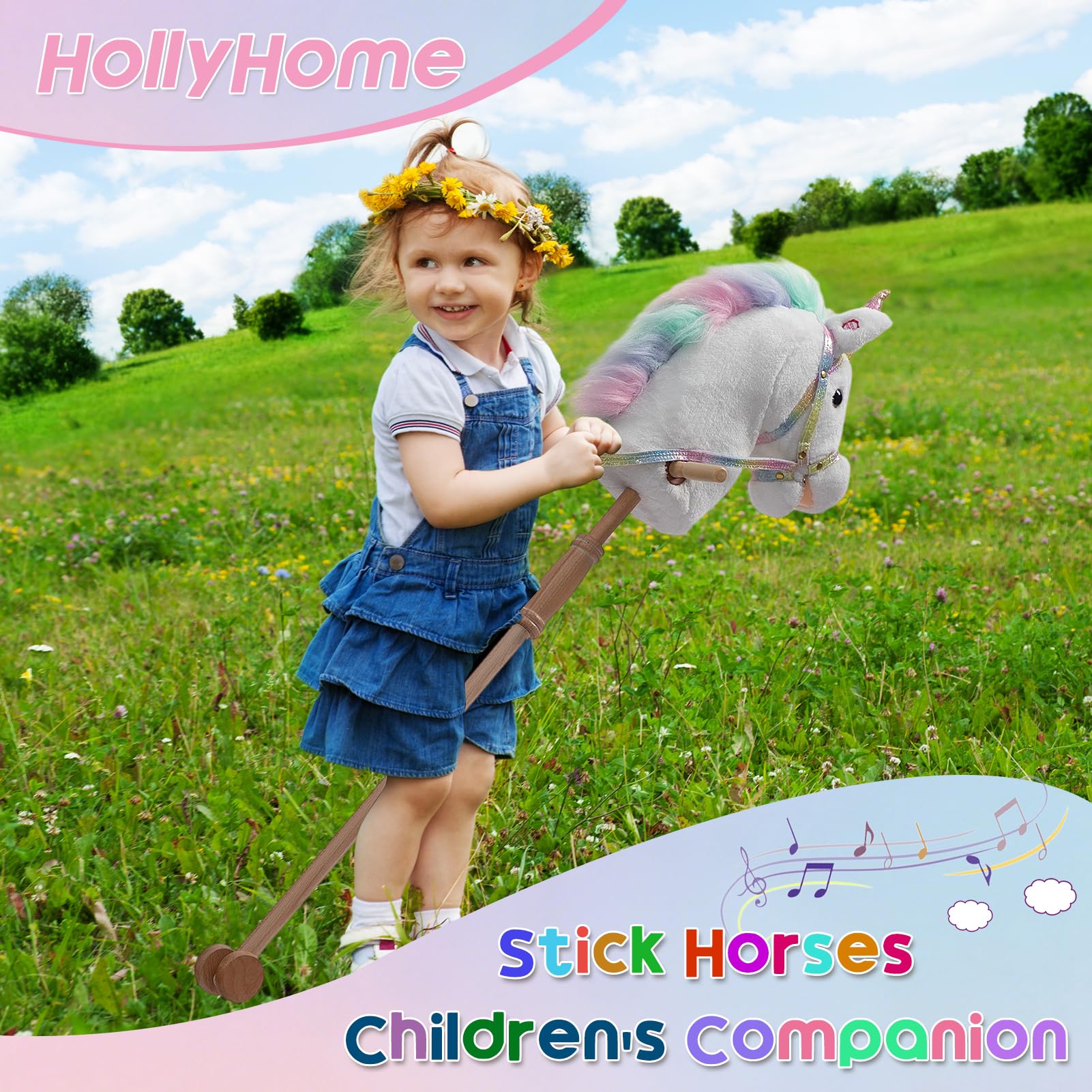 HollyHOME Unicorn Stick Horse with Wood Wheels Real Pony Neighing and Galloping Sounds Plush Unicorn Toy Pink with Rainbow Mane 36 Inches(AA Batteries Required)