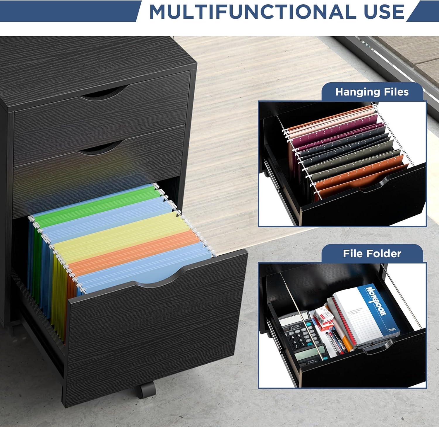 HollyHOME Black 3-Drawer Wood File Cabinet