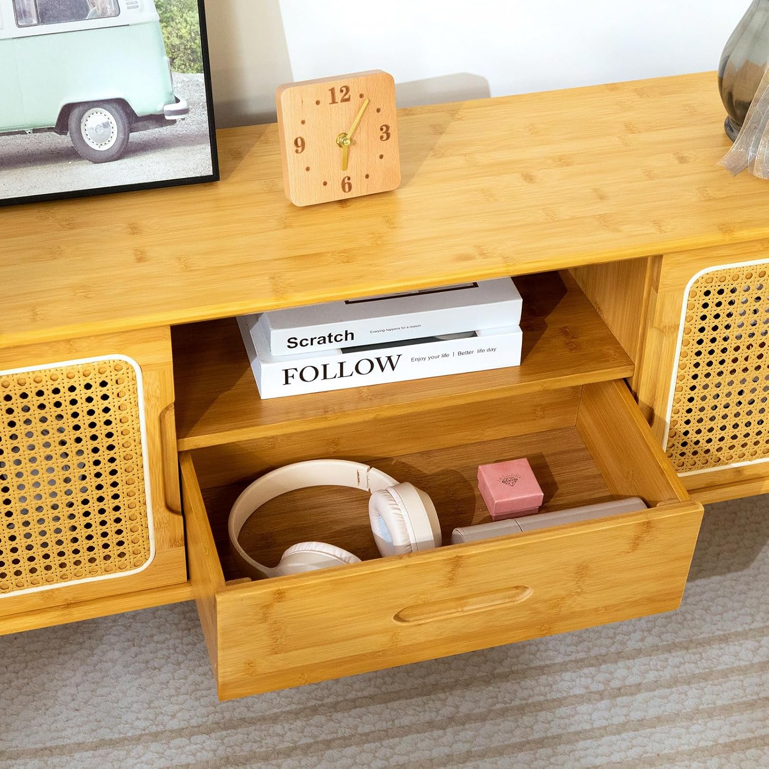 HollyHOME Bamboo TV Stand(Rattan and Drawer)