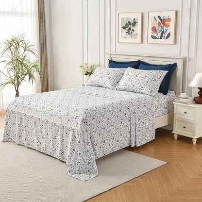 HollyHOME King Comforter Set, 7 Pieces Bedding Set, Blue Comforter Set with Ink Wash Butterfly Floral Sheet Set, King Size Bed in a Bag for All Season, Navy Blue