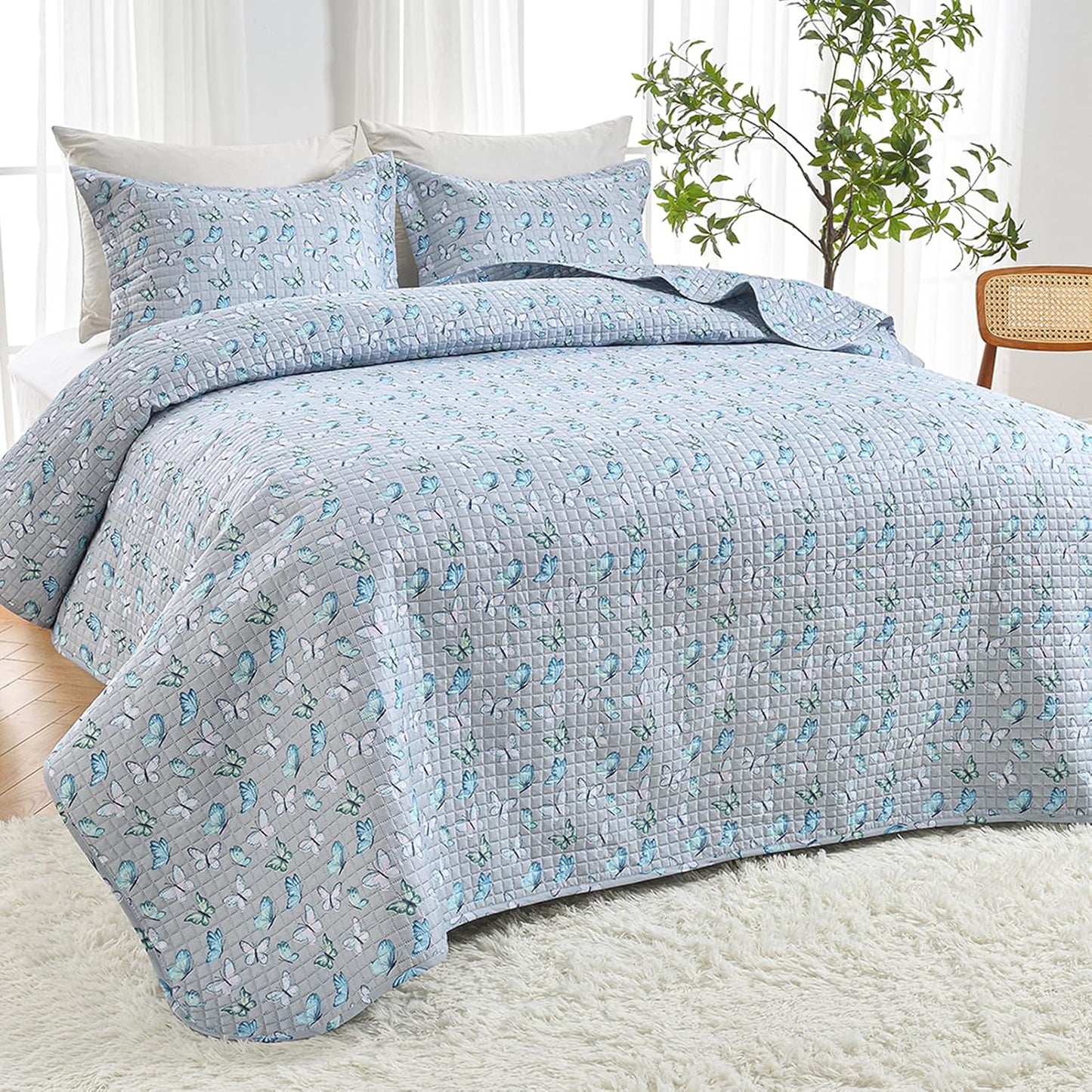 HollyHOME 3 Pieces King Size Quilt Sets with Teal and Gray Leaves Design Bedspread Bed Cover, Includes 1 Quilt, 2 Pillow Shams (King, 102"x96")