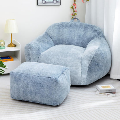 HollyHOME 15"(H) Bean Bag Ottoman Pouf, 6.6LB Memory Foam Filled Footstool for Sofa, Accent Stuffed Footrest Stool with Washable Cover, Single Footrest Stool for Living Room, Bedroom, Blue&Grey