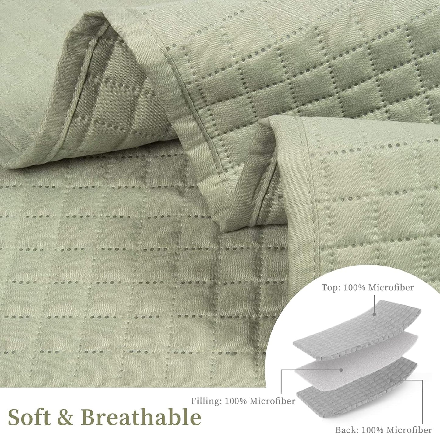 HollyHOME Luxury Checkered Super Soft Solid Single Pinsonic Quilted Bed Quilt Bedspread Bed cover, Sage, Twin