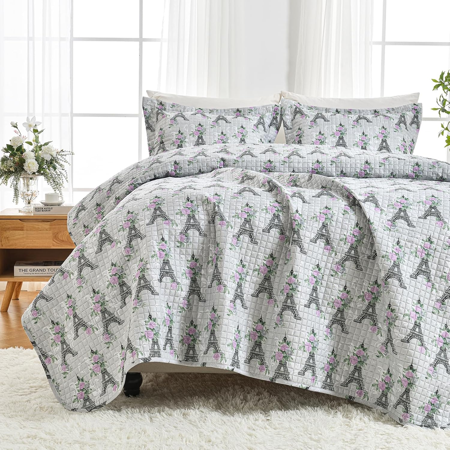 HollyHOME Full/Queen Quilt Set, 3 Pieces Quilt Set Full/Queen Size, Coverlet Yellow and Grey Leaf Printed Lightweight and Soft All Season Bedding Set with Quilt, Pillow Shams, Yellow Grey Leaf