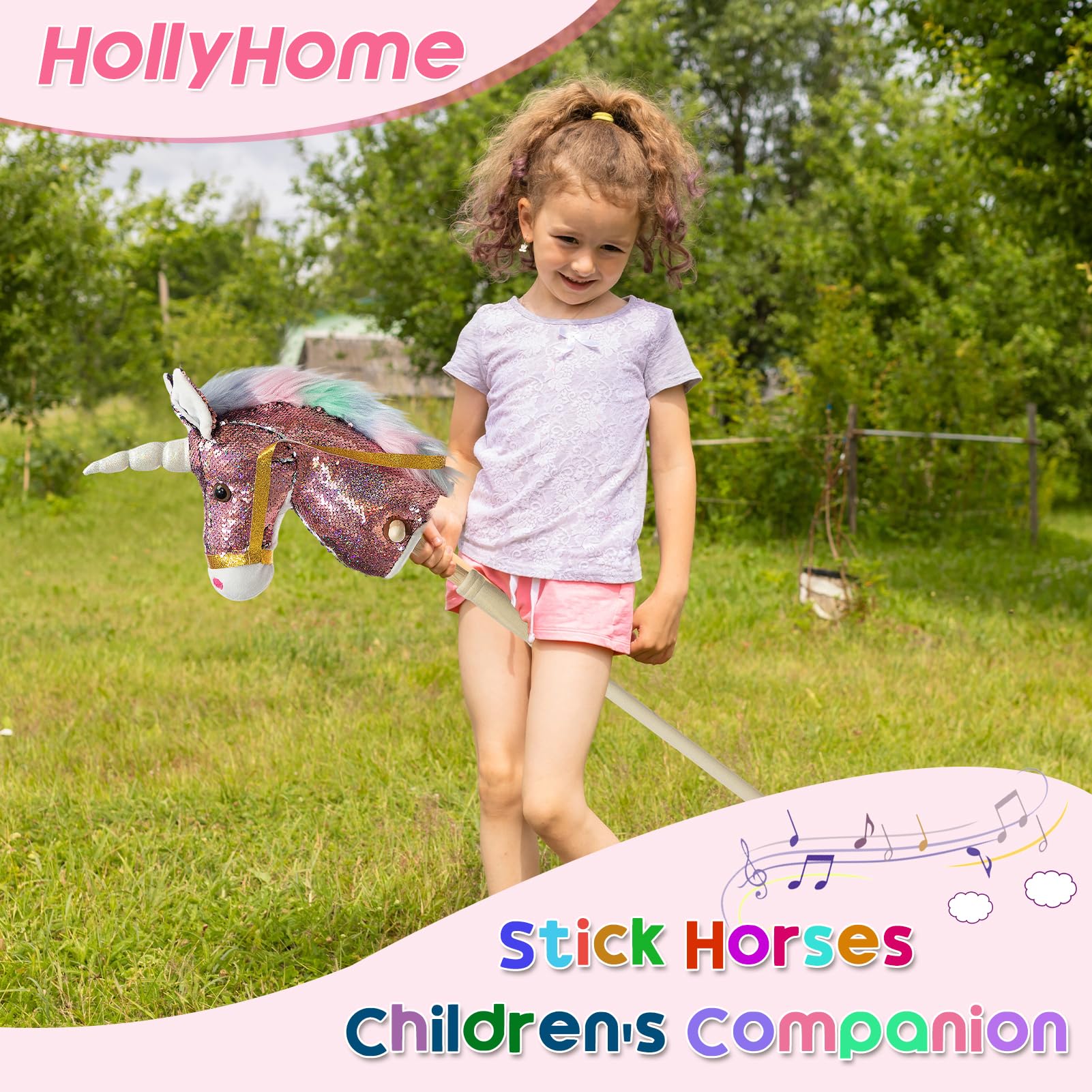 HollyHOME Unicorn Stick Horse with Wood Wheels Real Pony Neighing and Galloping Sounds Plush Unicorn Toy Pink with Rainbow Mane 36 Inches(AA Batteries Required)