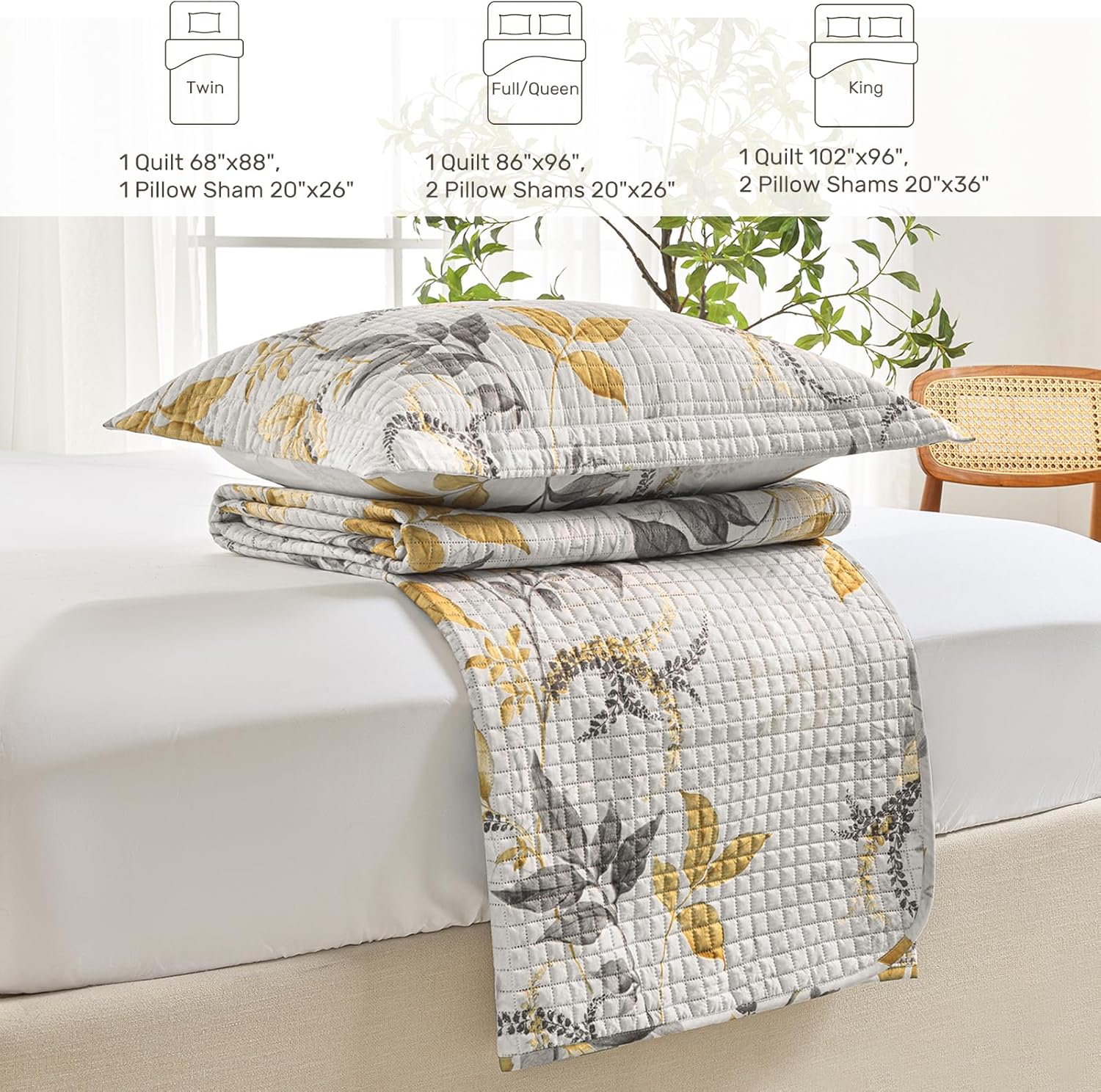 HollyHOME Full/Queen Quilt Set, 3 Pieces Quilt Set Full/Queen Size, Coverlet Yellow and Grey Leaf Printed Lightweight and Soft All Season Bedding Set with Quilt, Pillow Shams, Yellow Grey Leaf