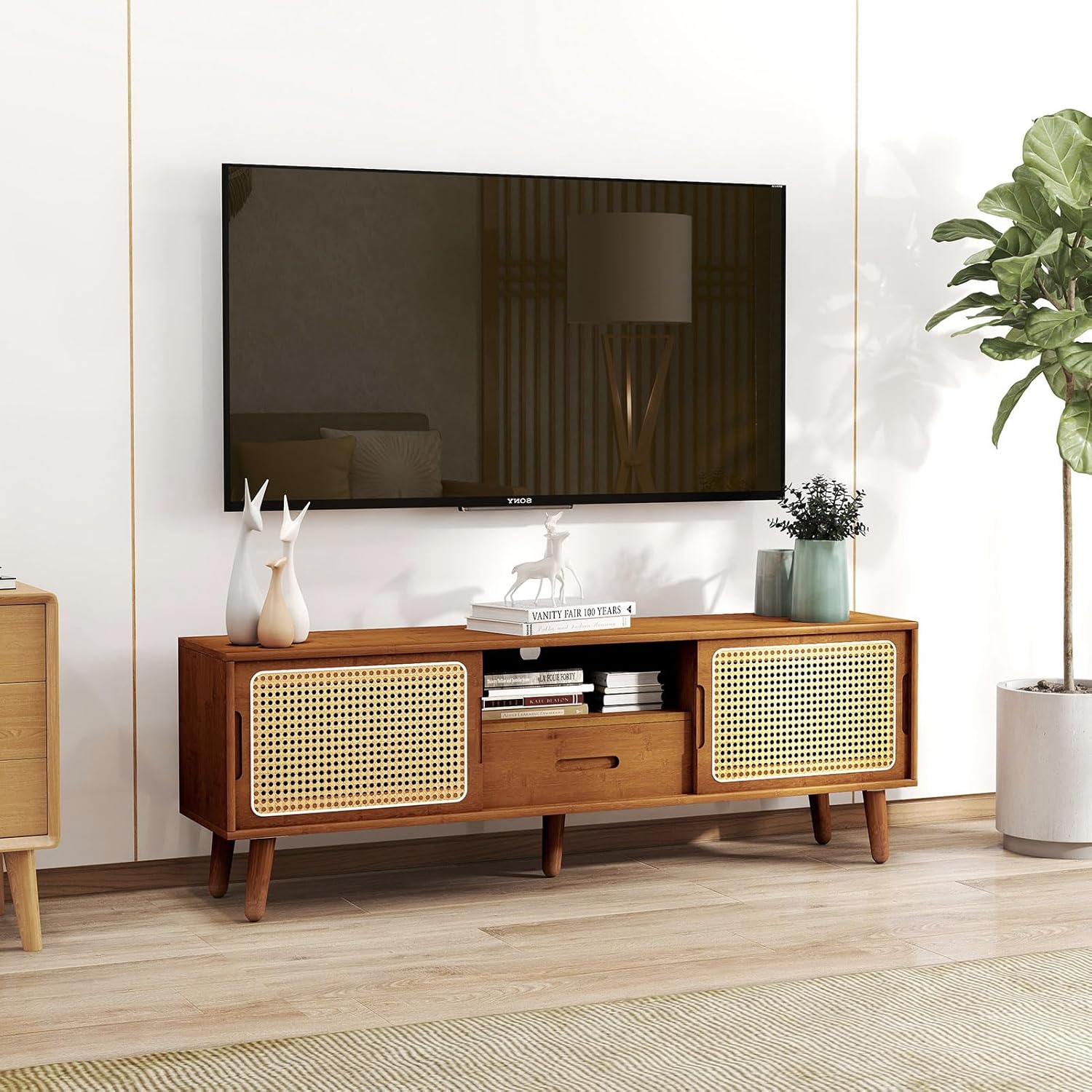 HollyHOME Bamboo TV Stand(Walnut Rattan and Drawer)