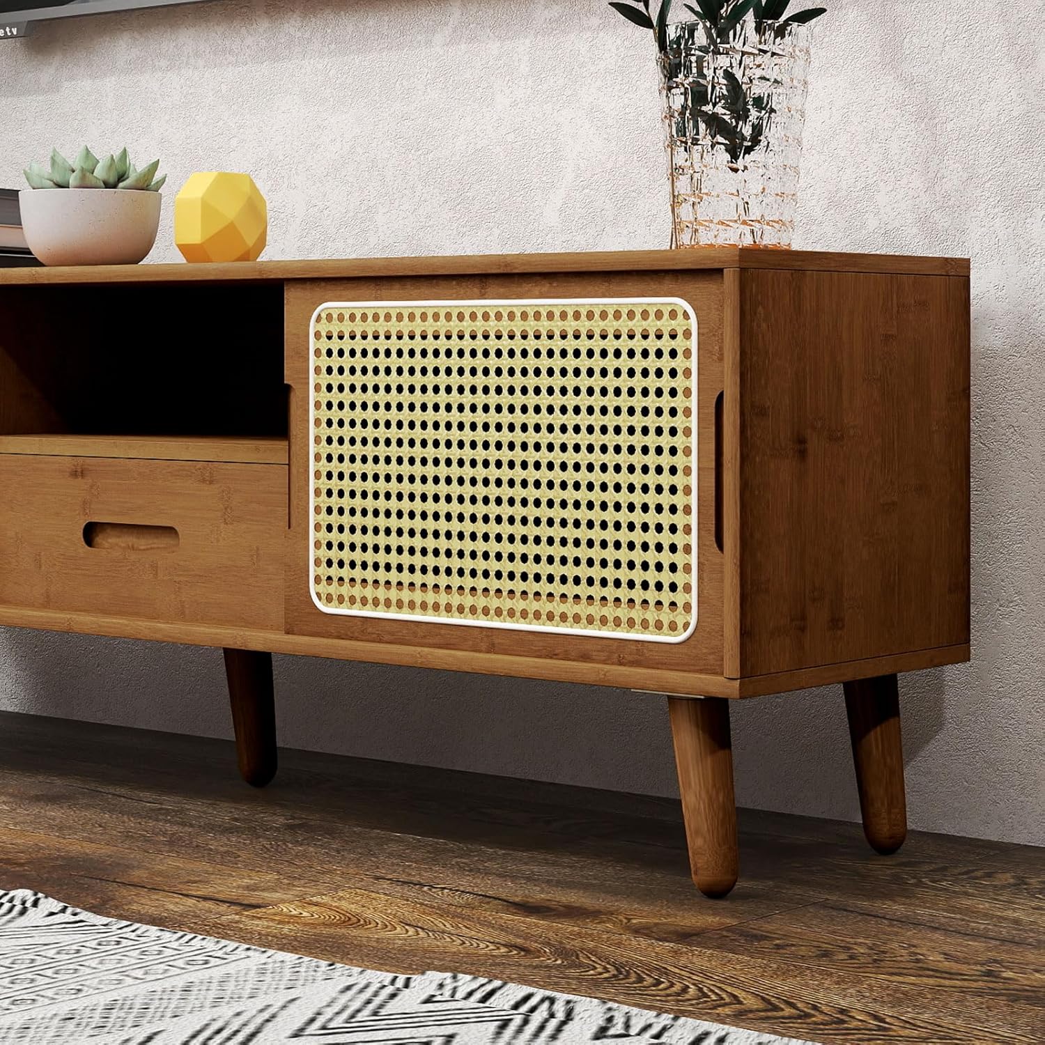 HollyHOME Bamboo TV Stand(Walnut Rattan and Drawer)