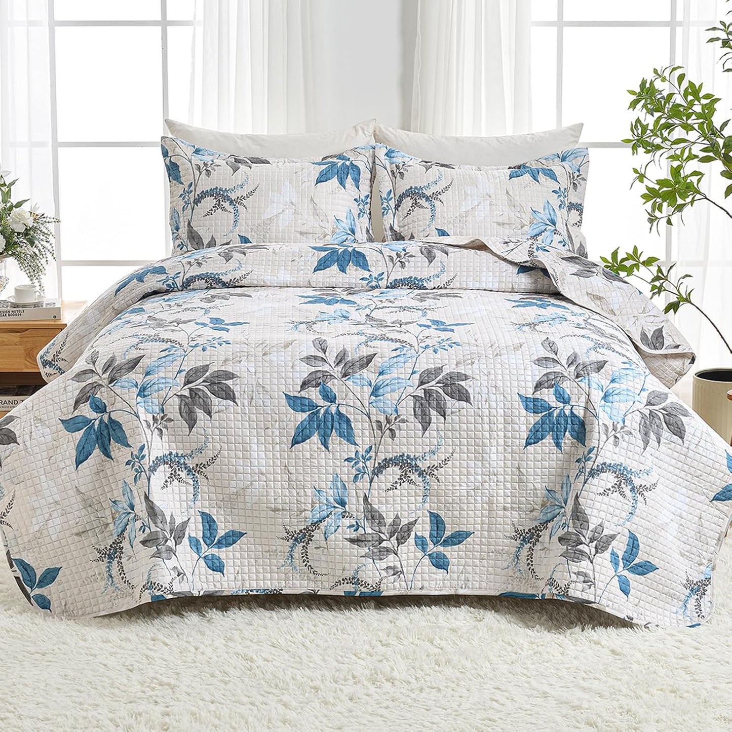 HollyHOME 3 Pieces King Size Quilt Sets with Teal and Gray Leaves Design Bedspread Bed Cover, Includes 1 Quilt, 2 Pillow Shams (King, 102"x96")