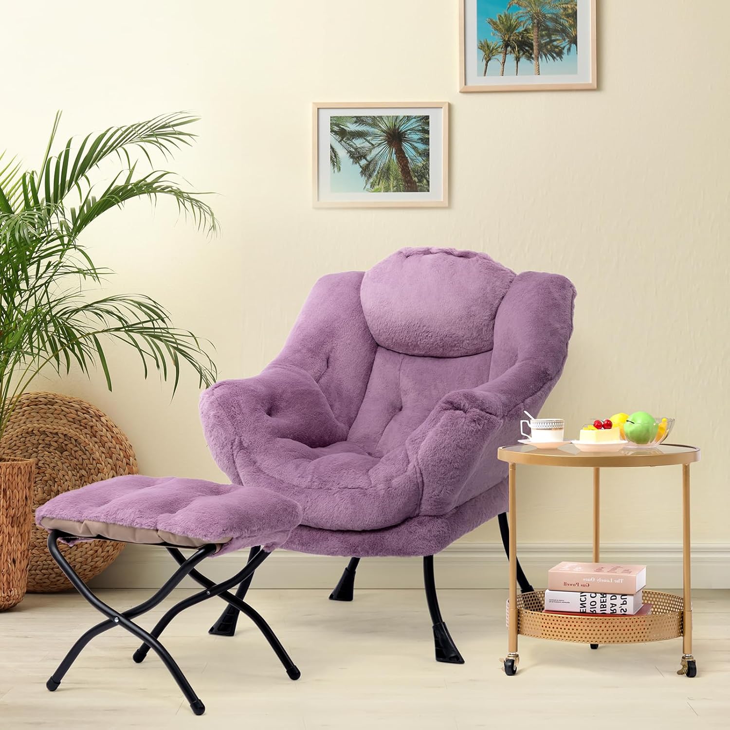 HollyHOME Fabric Lazy Chair with Foldable Ottoman, Accent Comfy Lounge Arm Chair and Folding Footrest Stool Set, Leisure Sofa Reading Chair and Footstool for Living Room, Bedroom, Dorm, Purple