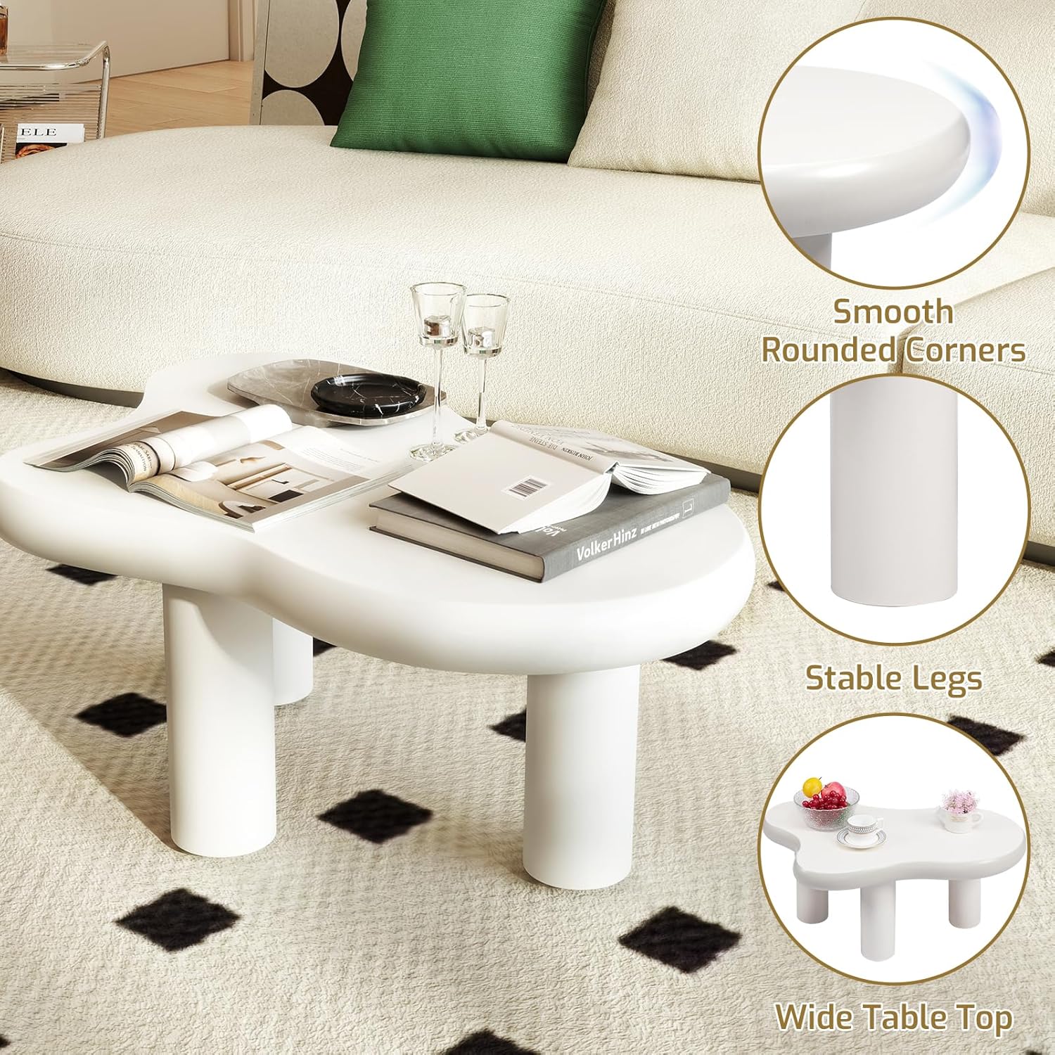 HollyHOME 33.9in Cloud Coffee Table Cream White