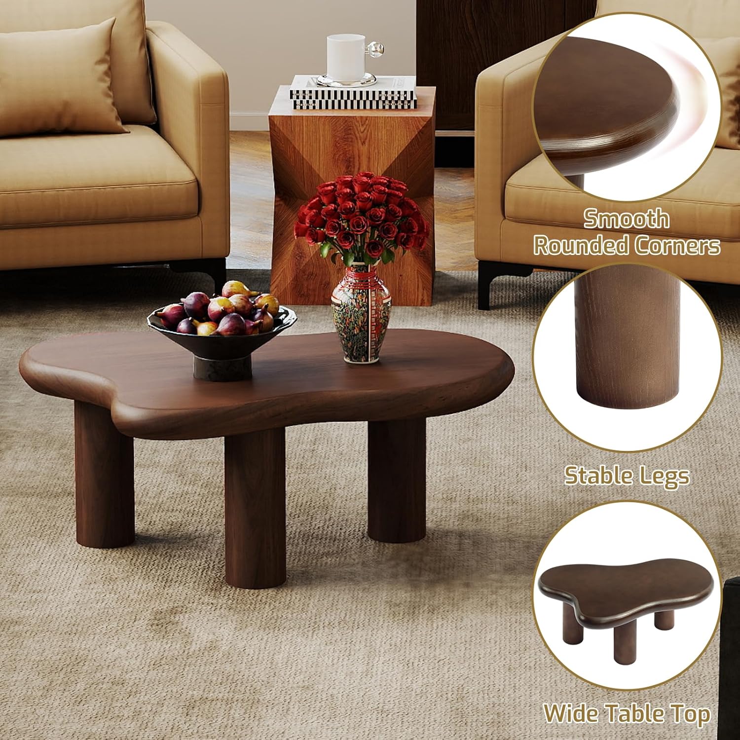 HollyHOME 33.9in Cloud Coffee Table Dark Walnut