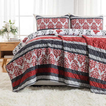 HollyHOME 3 Pieces Full/Queen Size Quilt Sets, Splicing Red Flowers Design Bedspread Bed Cover for All Season, Includes 1 Quilt, 2 Pillow Shams (Full/Queen, 86"x96")