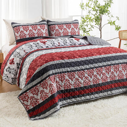 HollyHOME 3 Pieces Full/Queen Size Quilt Sets, Splicing Red Flowers Design Bedspread Bed Cover for All Season, Includes 1 Quilt, 2 Pillow Shams (Full/Queen, 86"x96")