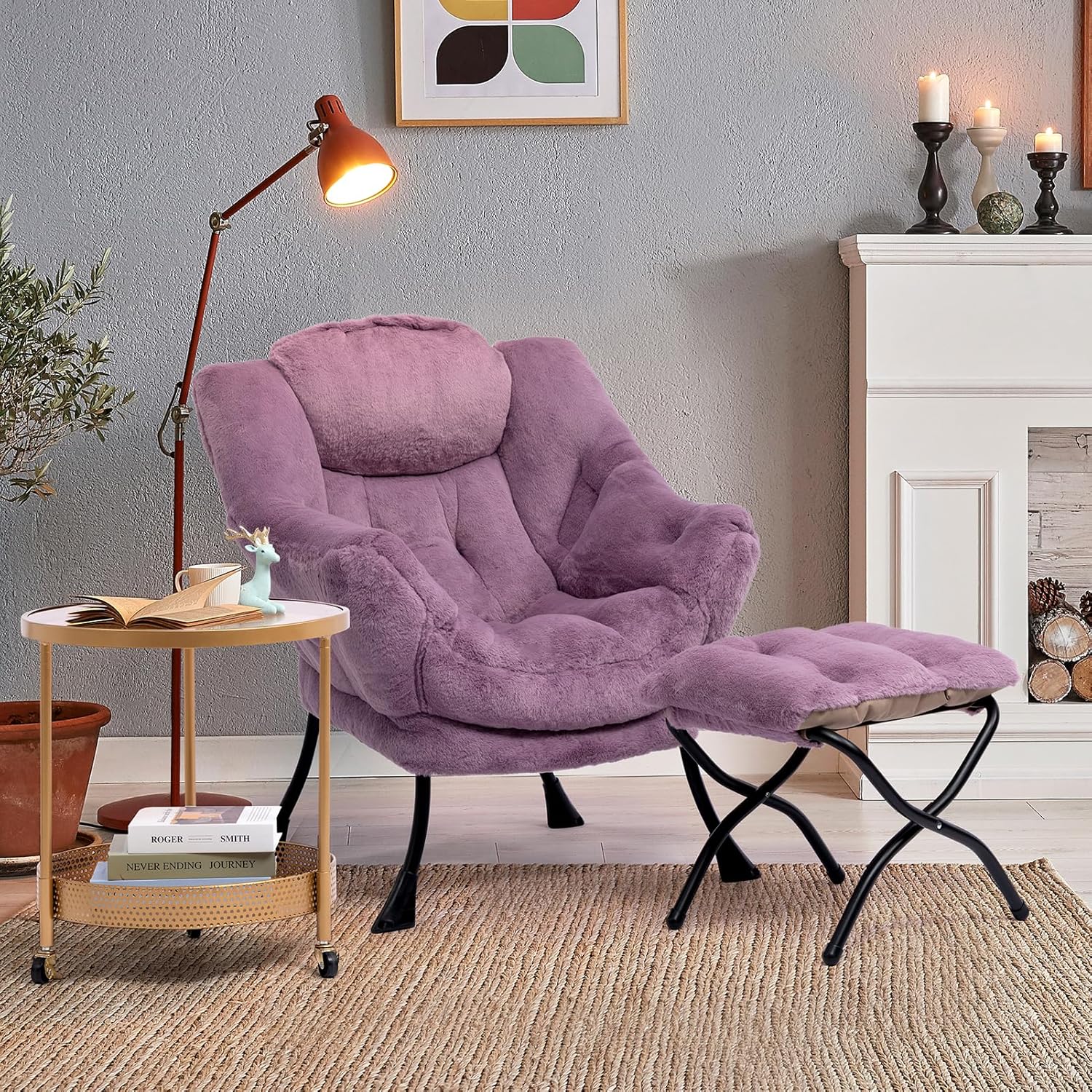 HollyHOME Fabric Lazy Chair with Foldable Ottoman, Accent Comfy Lounge Arm Chair and Folding Footrest Stool Set, Leisure Sofa Reading Chair and Footstool for Living Room, Bedroom, Dorm, Purple