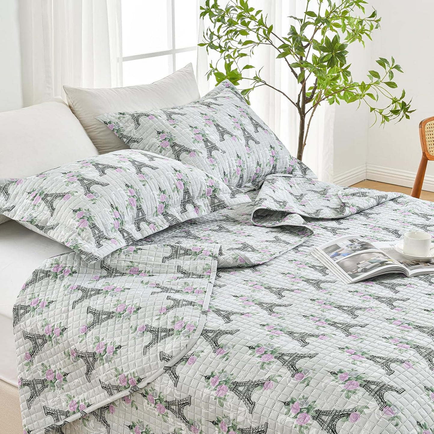 HollyHOME 3 Pieces King Size Quilt Sets with Teal and Gray Leaves Design Bedspread Bed Cover, Includes 1 Quilt, 2 Pillow Shams (King, 102"x96")