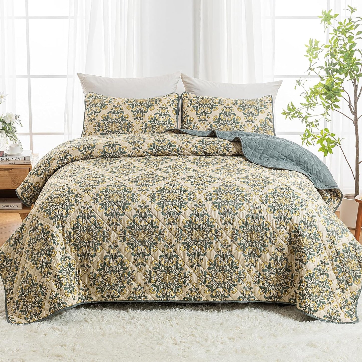 HollyHOME 3 Pieces King Size Quilt Sets with Teal and Gray Leaves Design Bedspread Bed Cover, Includes 1 Quilt, 2 Pillow Shams (King, 102"x96")